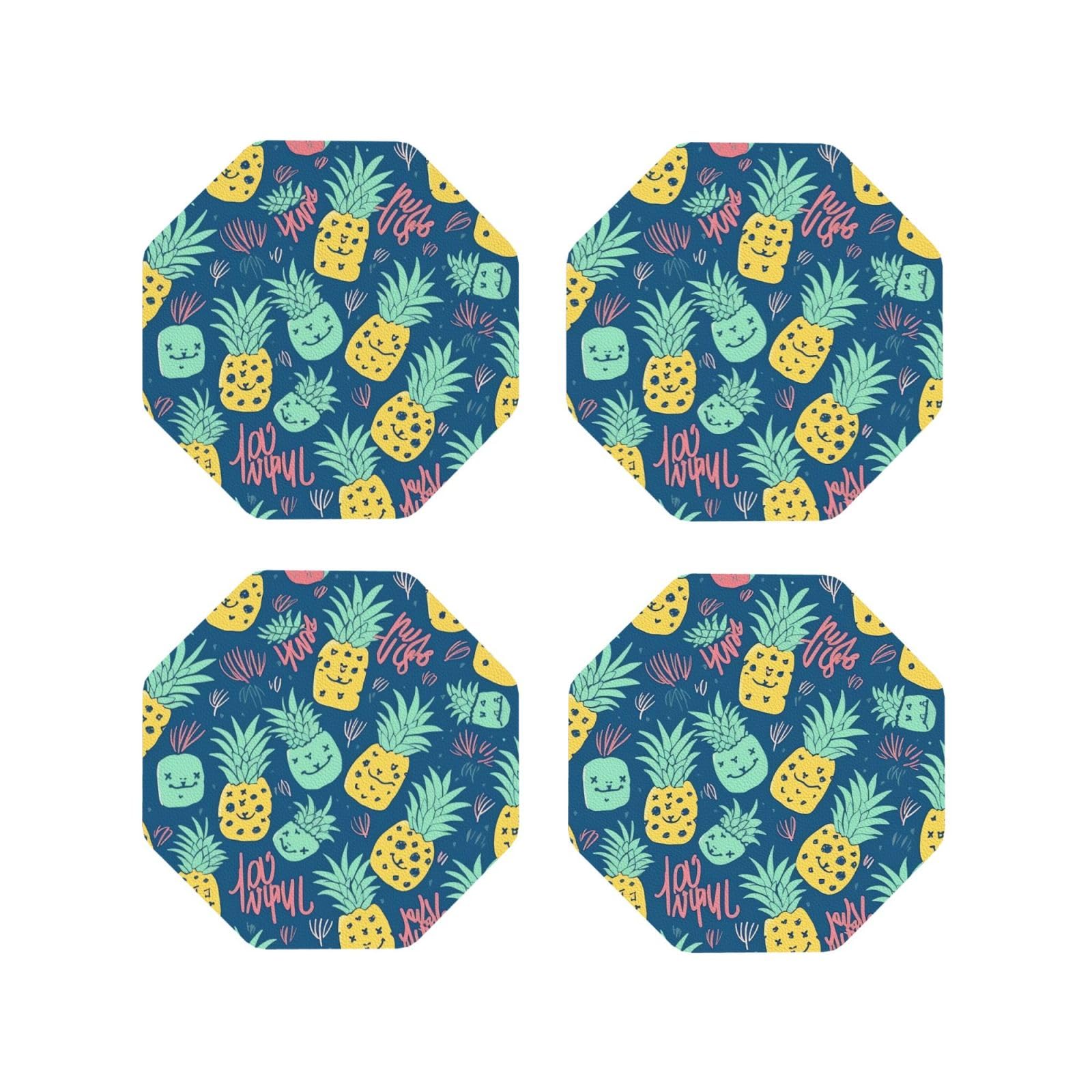 4pcs Drink Coasters for Tabletop Protection, 4" Leather Coasters for Drinks, Cute Pineapple Pattern Cup Coasters for Coffee Table Decor, Non-Slip Drinking Cup Mat for Hot Or Cold Drink