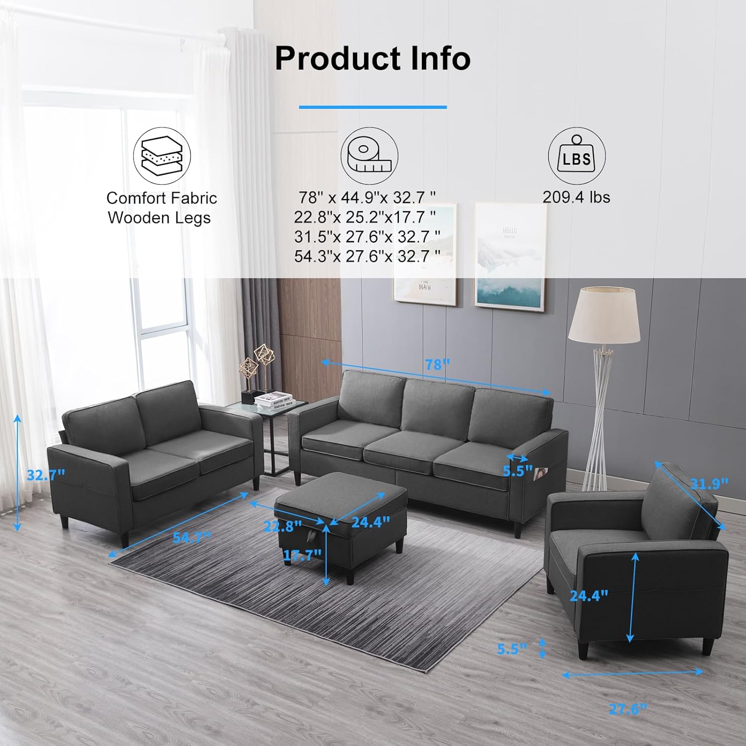 PUREMIND 3 Piece Living Room Couch Set, Modern Linen L Shaped Sofa and Loveseat and Chair Set with Storage Ottoman and Side Pocket, Sectional Couches for Living Room