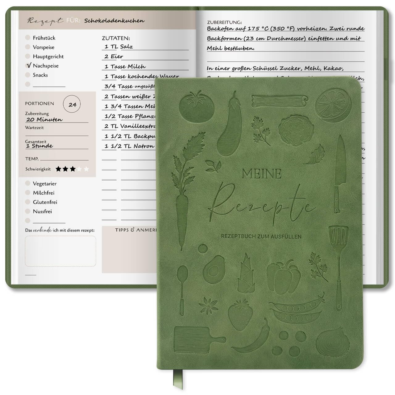 Rezeptbuch zum Selberschreiben, Kochbuch zum Selbstschreiben A5 - 100 Rezepte, 120g Dickes Papier, Einband mit Lesezeichen, mit Umrechnungstabelle für Küche, Ideal für Rezepte & Familienkochbuch