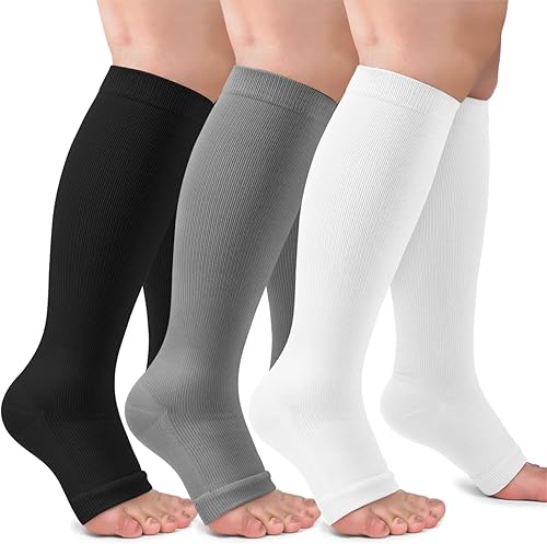 Paquete de 3 calcetines de compresión de cobre para mujeres y hombres, 20-30 mmHg con punta abierta hasta la rodilla, medias altas para soporte de