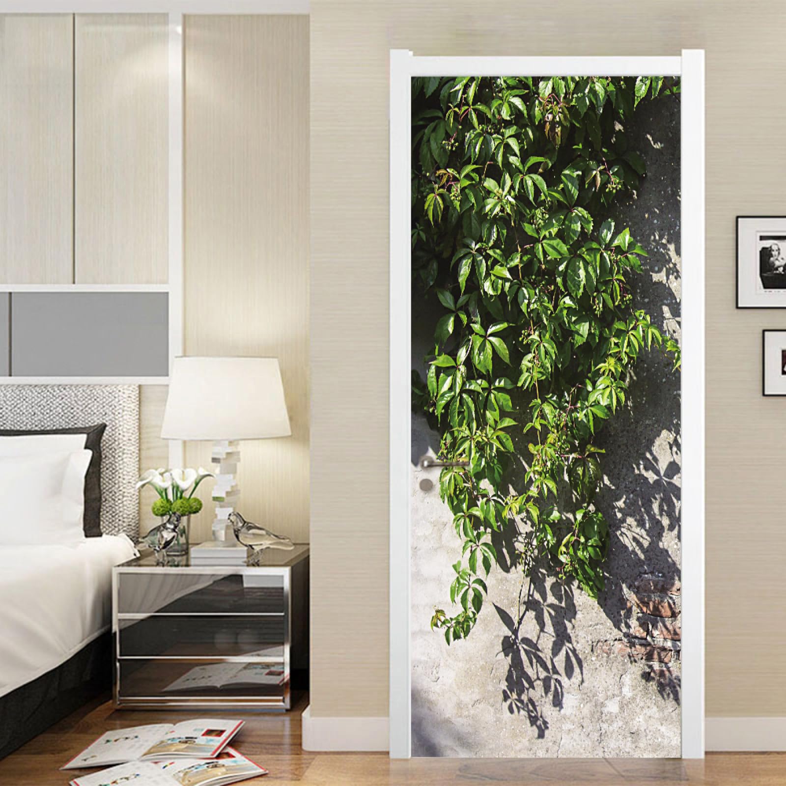 Sticker porte feuilles vertes 83x204cm trompe l'œil étanche