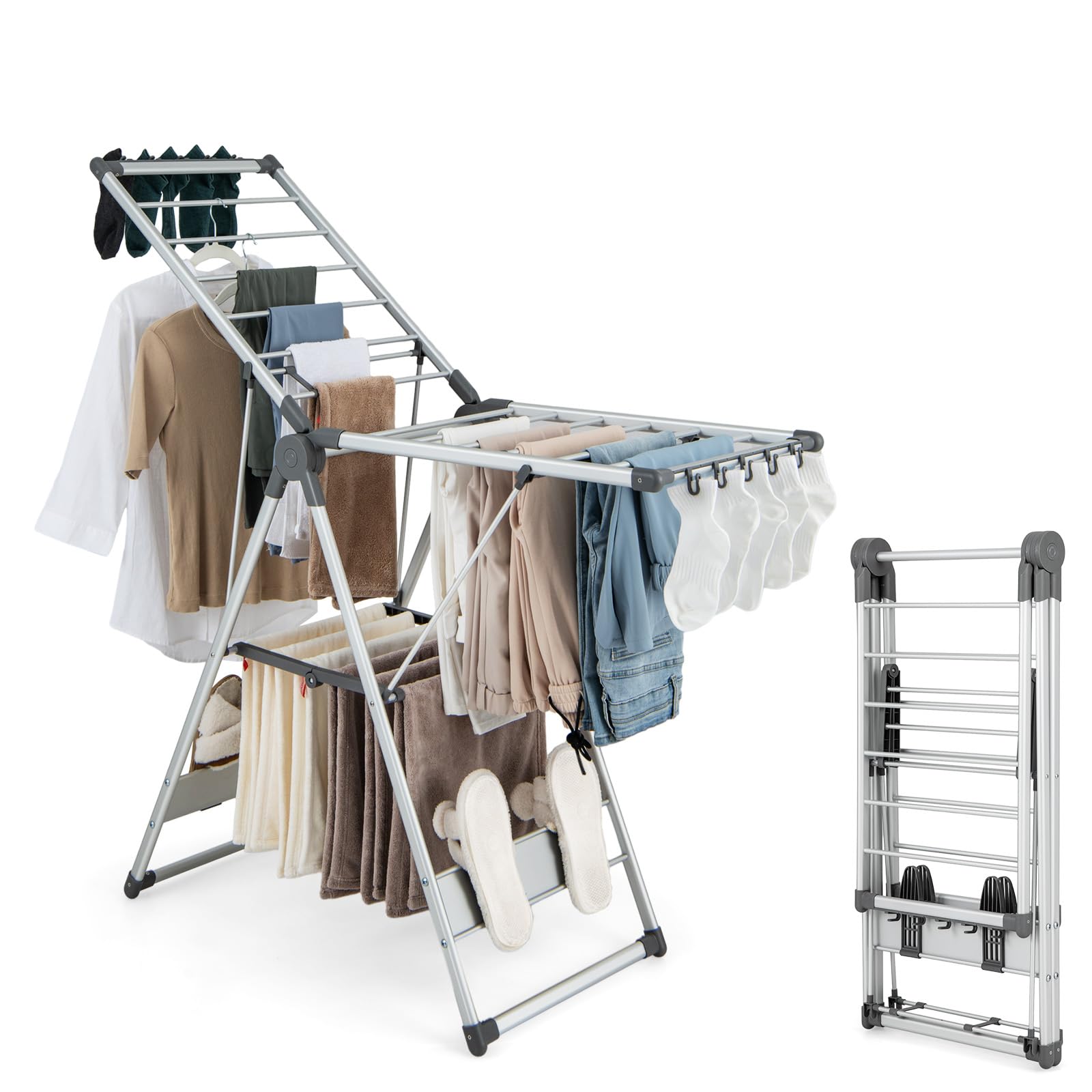 HOMASIS Wäscheständer klappbar, Standtrockner mit Flügeln, höhenverstellbar Wäschetrockner mit 21 Wäschestange & 10 Sockenhalter & 4 Schuhhalter, Flügelwäschetrockner Trockenständer für Innen & außen