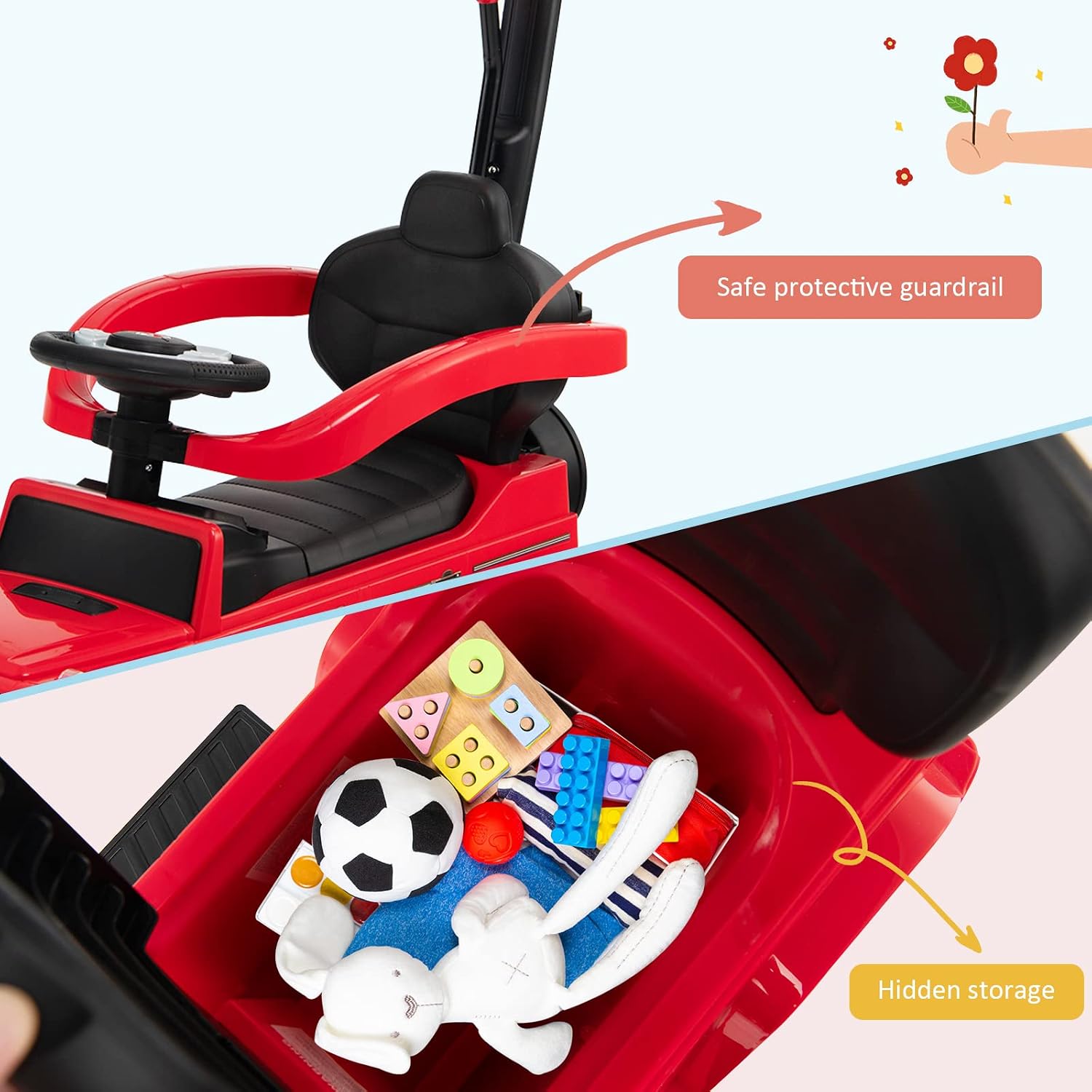 HONEY JOY Push Cars for Toddlers, Mercedes Benz Kids Toy Car Stroller w/Push Handle & Detachable Guardrail, Horn & Engine Sound, Seat Storage, Foot-to-Floor Ride On Push Car for Boys Girls(Red)