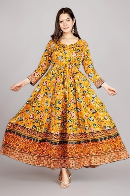 Women's Anarkali Kurta, Rayon Floral Print, Long Sleeve, Flared Maxi Dress Style