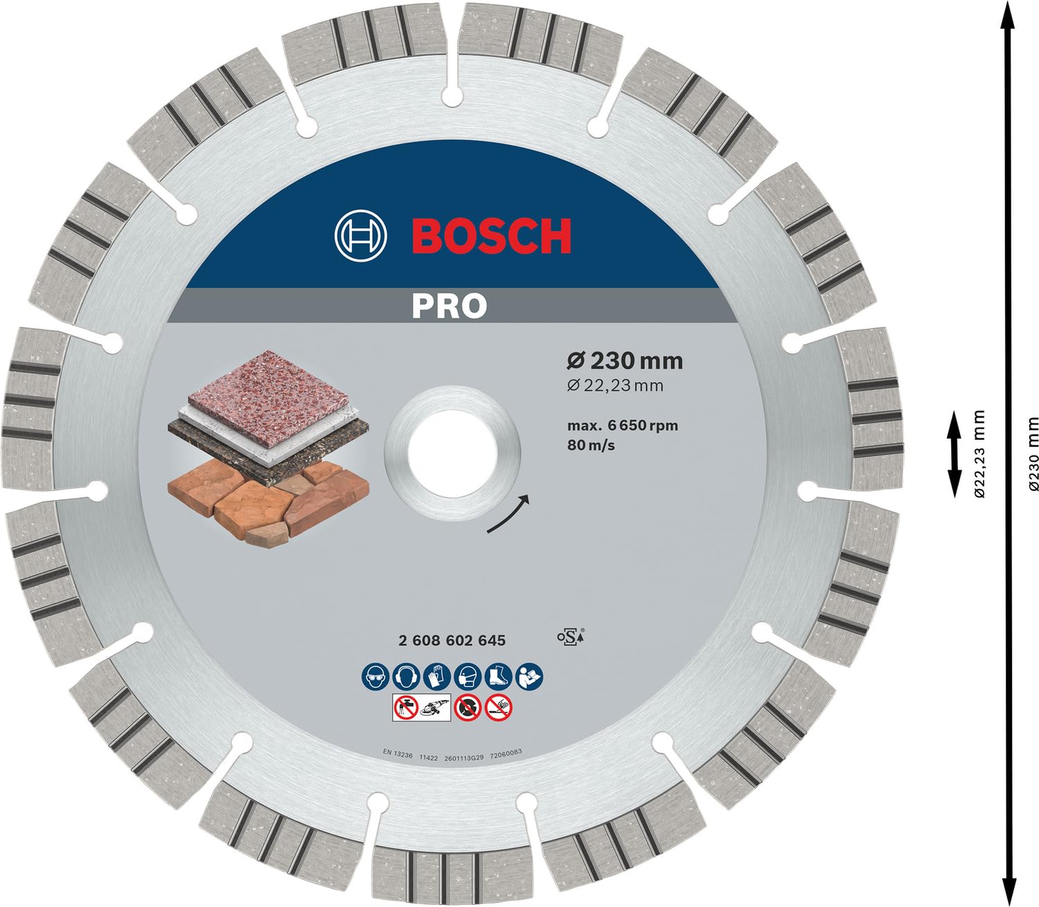Bosch 1x PRO Stone Diamanttrennscheiben für 22,23‑mm-Bohrung und große Winkelschleifer (für Weichgestein, Harter Stein, Ø 230 mm, Professional Zubehör Großer Winkelschleifer)