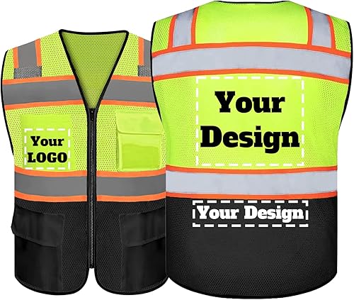 evershare Chaleco de seguridad personalizable con logotipo con 5 bolsillos y cremallera reflectante de alta visibilidad clase 2 ropa de trabajo al