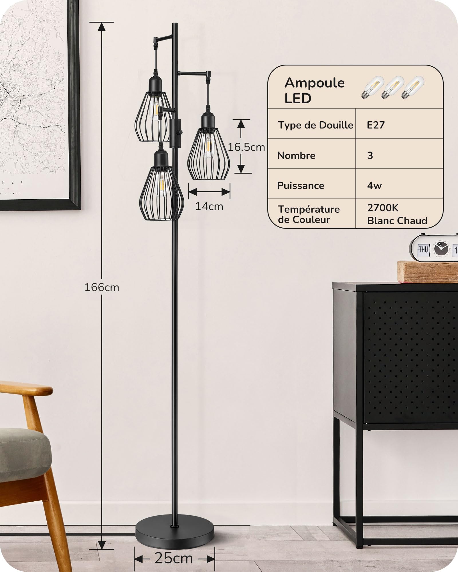 EDISHINE Lampadaire Salon, 3 Lumières, LED Dimmable, Vintage
