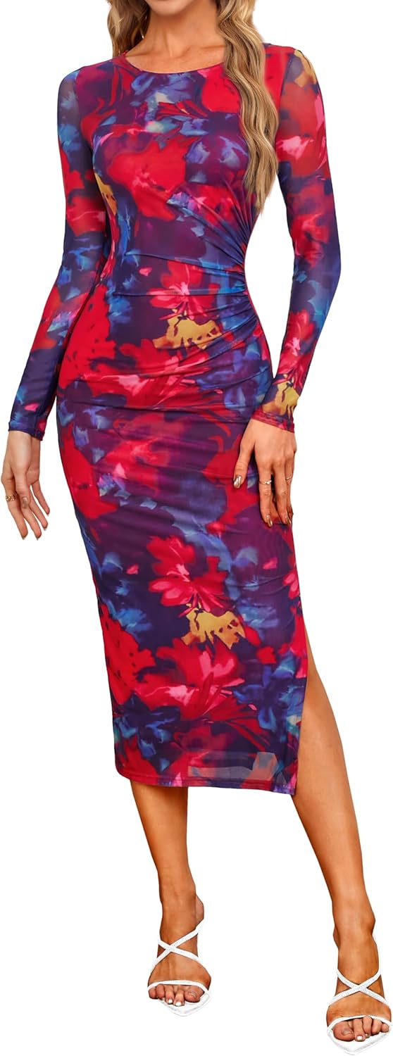 oten Women's Long Sleeve Floral Print Mesh Ruched Bodycon Midi Cocktail Wedding Guest Party Club Dress