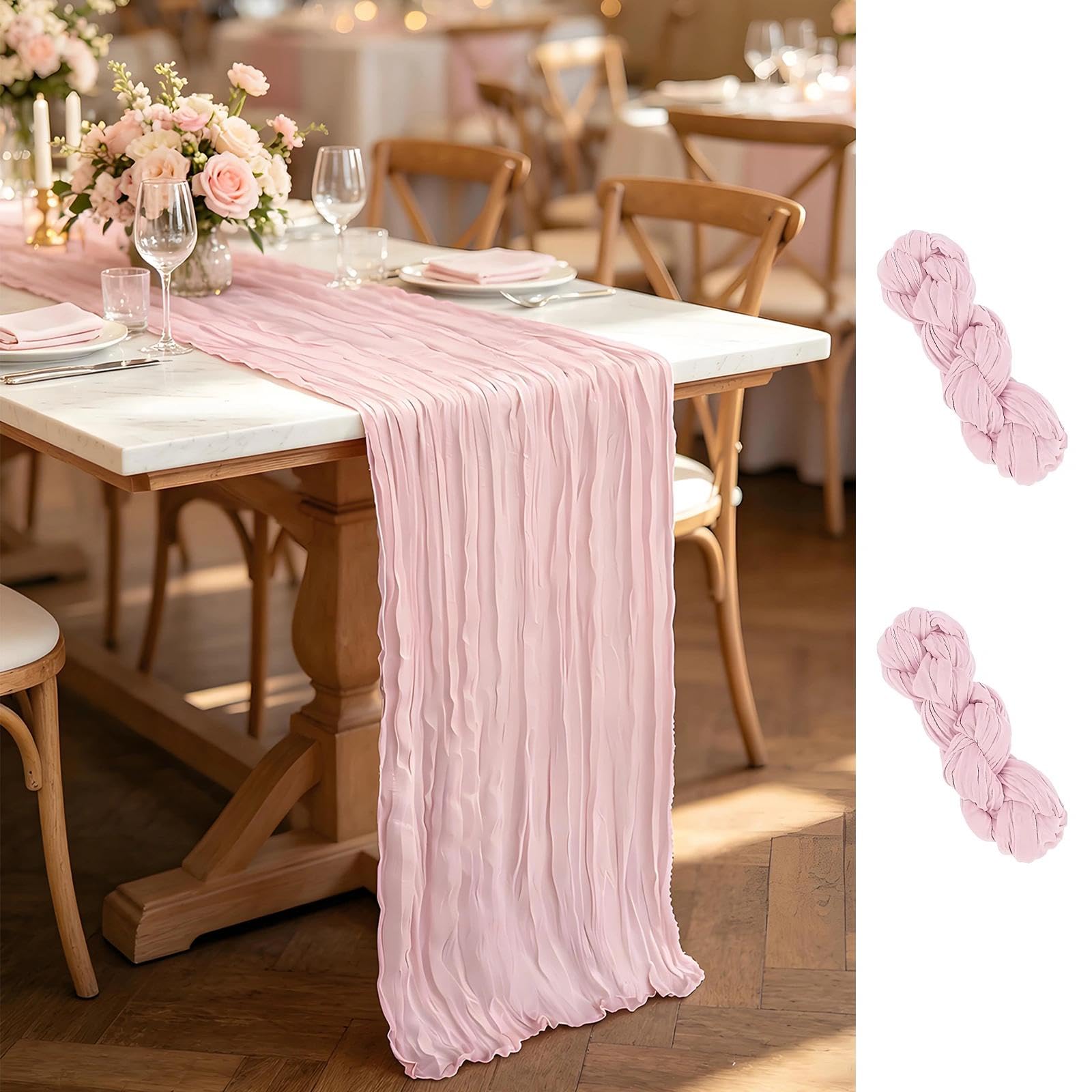 Jieshepr Pink 2 Pcs Cheesecloth Table Runner, 10Ft Boho Gauze Cheese Cloth Table Runners Cheesecloth Table Runner, Boho Gauze Tables Runners, For Dining Tables Rustic Sheer Cloth For Wedding Reception Birthday