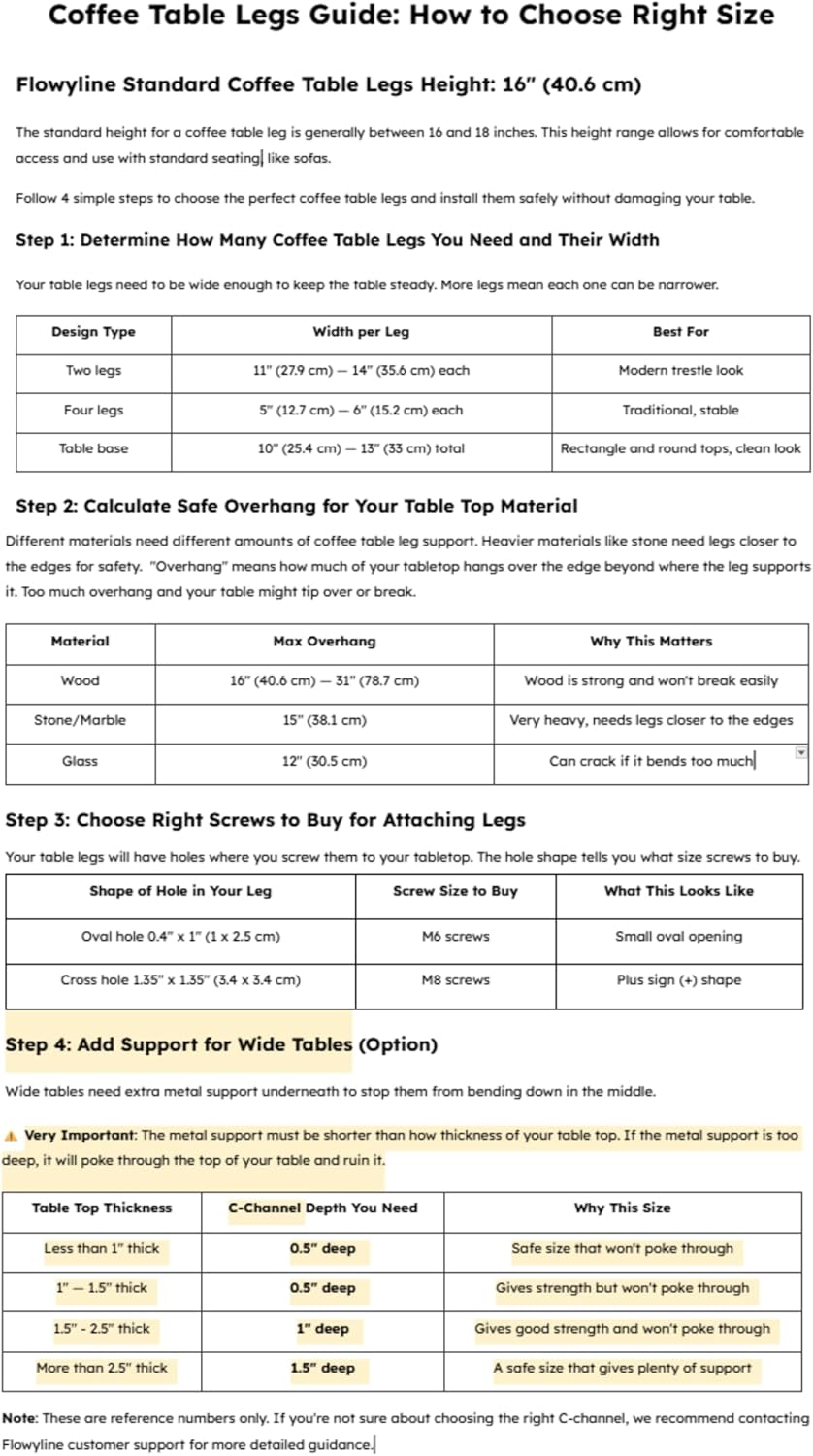 Flowyline 16" H 103 Haru Handcrafted Black Metal Table Legs and Bases for Coffee Tables | Steel Desk Legs | Rust-Resistant, Adjustable Furniture Legs for Bench DIY Mid-Century Modern Indoor/Outdoor