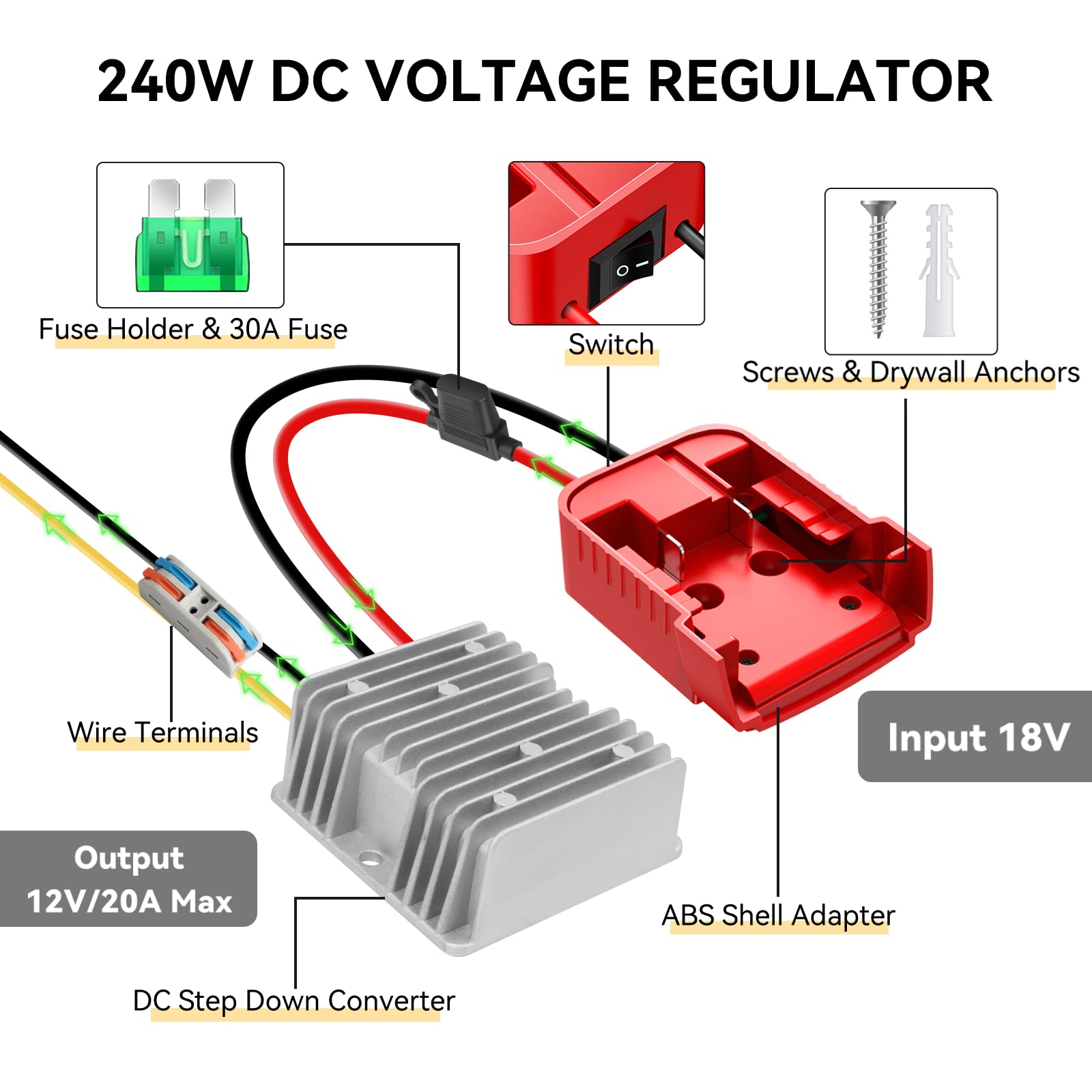 Convertisseur abaisseur 18 V vers 12 V pour batterie Milwaukee M18, régulateur de tension 240 W CC pour adaptateur de roue électrique, voiture jouet autoportée, projets d'alimentation à faire soi-même
