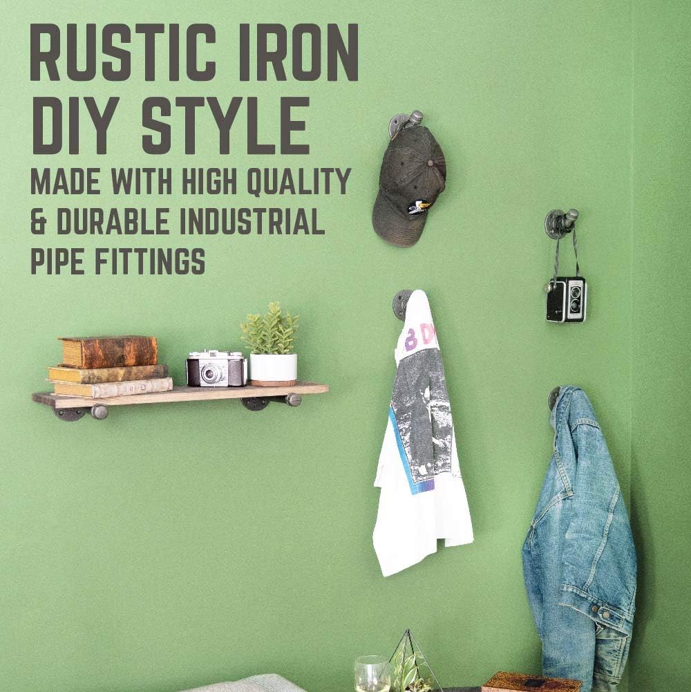 PIPE DECOR Coat Hooks Industrial Heavy Duty Wall Mounted, Rustic Iron DIY Style, Steel Grey Black for Entryway, 1/2” Inch Threaded Floor Flanges, Fittings and Elbows, Floating Hook Kit, 4 Pack image 3