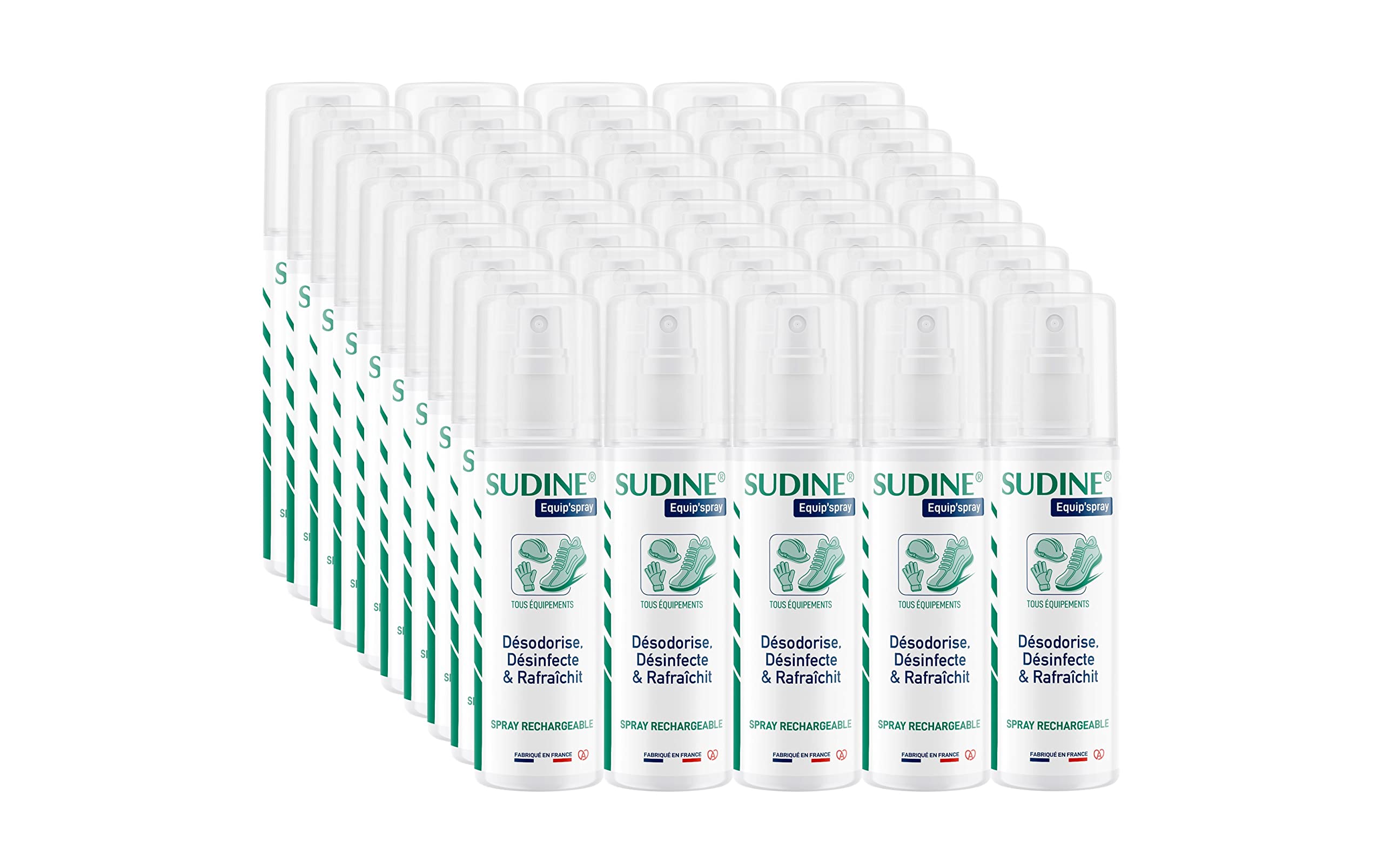 Lot de 50 - Sudine Equip’spray - Désodorise, désinfecte, rafraichit - Chaussures, casques, gants, équipements - Spray rechargeable – Sans gaz - Fabriqué en France - Spray 125 ml