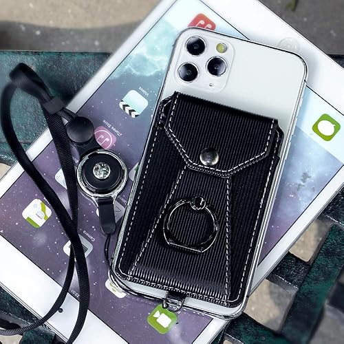 Miniatura 6 de Tarjetero para teléfono celular, tarjetero para la parte posterior del teléfono celular con soporte de agarre de anillo, bolsillo adhesivo adhesivo