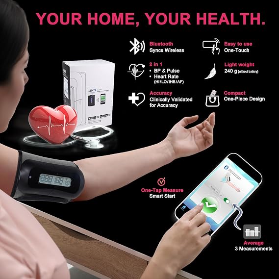 MbH Bluetooth Blood Pressure Monitor- Wireless Upper Arm Cuff BP Monitor for Home Use, IHB and AF Detection, Ultra-Light and Portable, Includes App for iOS & Android