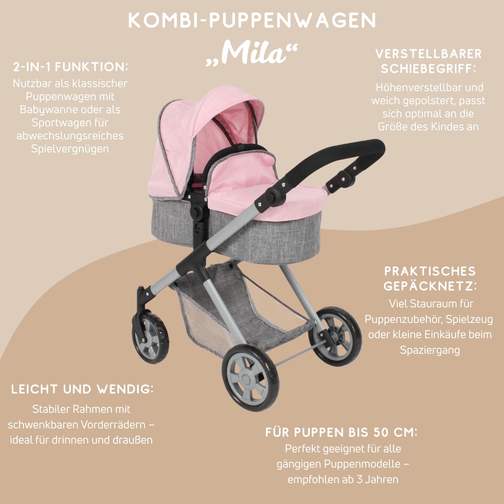 Bayer Chic 2000 Wózek dla lalek 2 w 1 Mila – melanż, szaro-różowy, uchwyt z regulacją wysokości 39-72 cm, nowoczesny stelaż, lalki do 50 cm, 3-7 J.