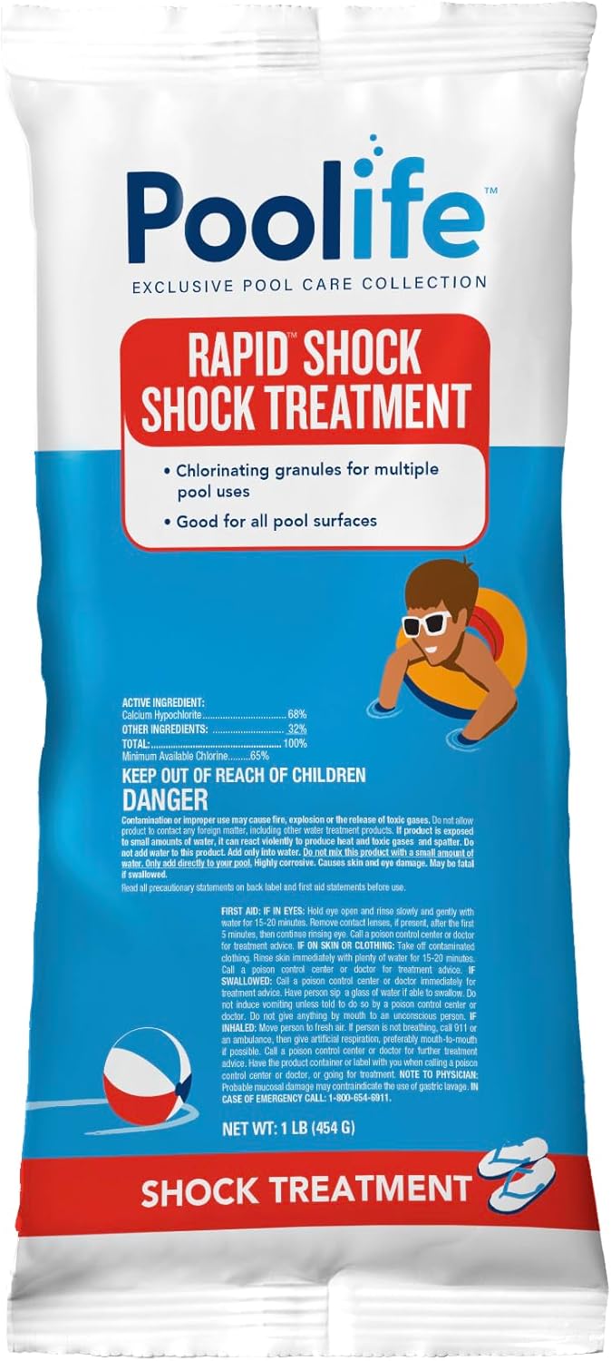 Poolife Rapid Shock for Pool Algae, Bacteria, Contaminant Removal - Fast-Dissolving, CYA-Free Calcium Hypochlorite Pool Shock for Clean Water - Chlorine Granules for Above/Inground Pools - 1lbx12 Bag