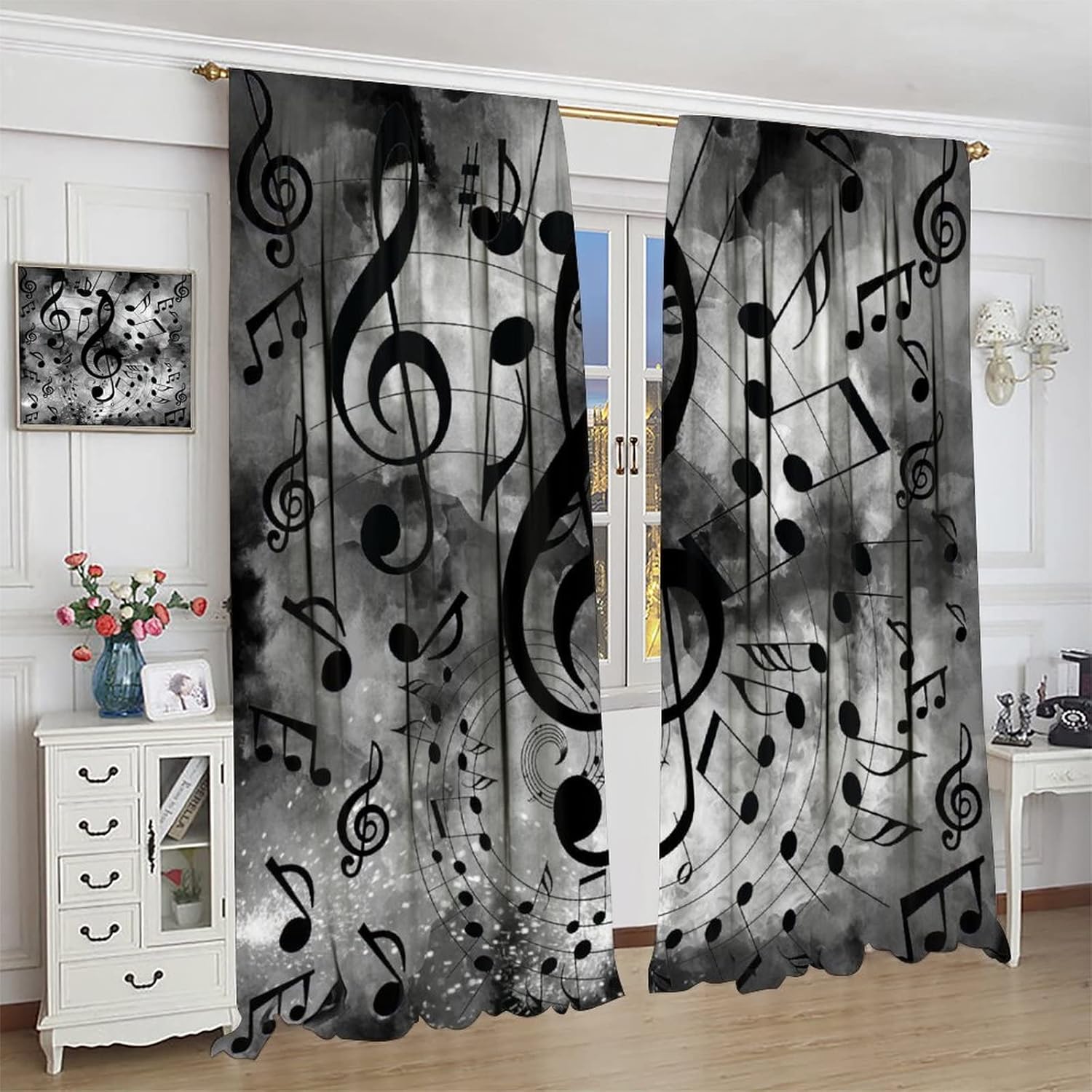 Fantasy Music Note Theme Blackout Curtains for Bedroom,Vintage Rustic Black Grey Symbol Design Window Curtains Rod Pocket 2 Panels 45L x 21W