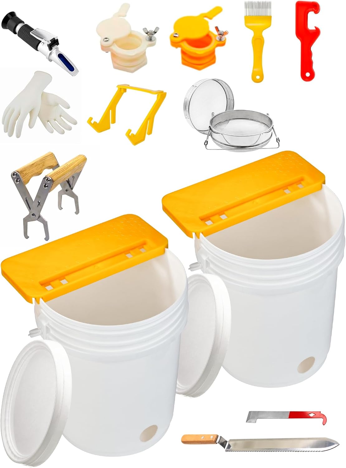 15 PCS Honey Extractor Kit, 2 Pack 5 Gallon Honey Bucket with Gate, 58-90% Refractometer Harvesting Equipment Hive Tool Bucket Rack Gloves Beekeeping Frame Gripper Strainer Knife