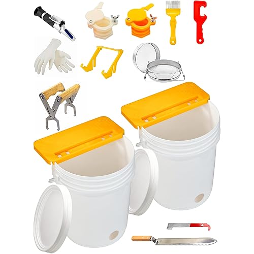 15 PCS Honey Extractor Kit, 2 Pack 5 Gallon Honey Bucket with Gate, 58-90% Refractometer Harvesting Equipment Hive Tool Bucket Rack Gloves Beekeeping Frame Gripper Strainer Knife
