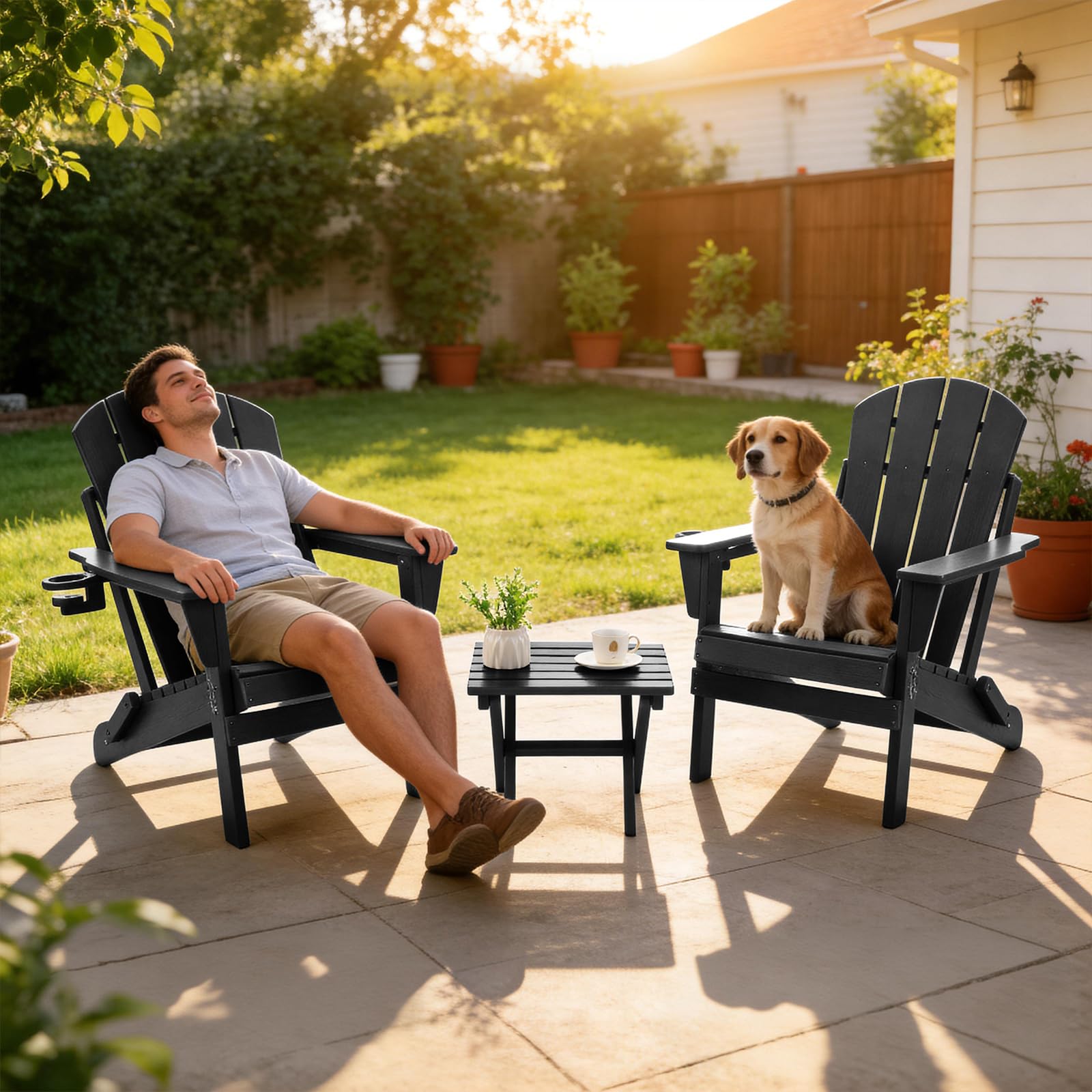 Adirondack Stuhl 2er Set Klappstuhl mit Getränkehalter, Wetterfest Gartenstuhl Patio Stühle, Gartensessel aus Kunststoff für Garten, Terrasse und Balkon, Schwarz 2pcs