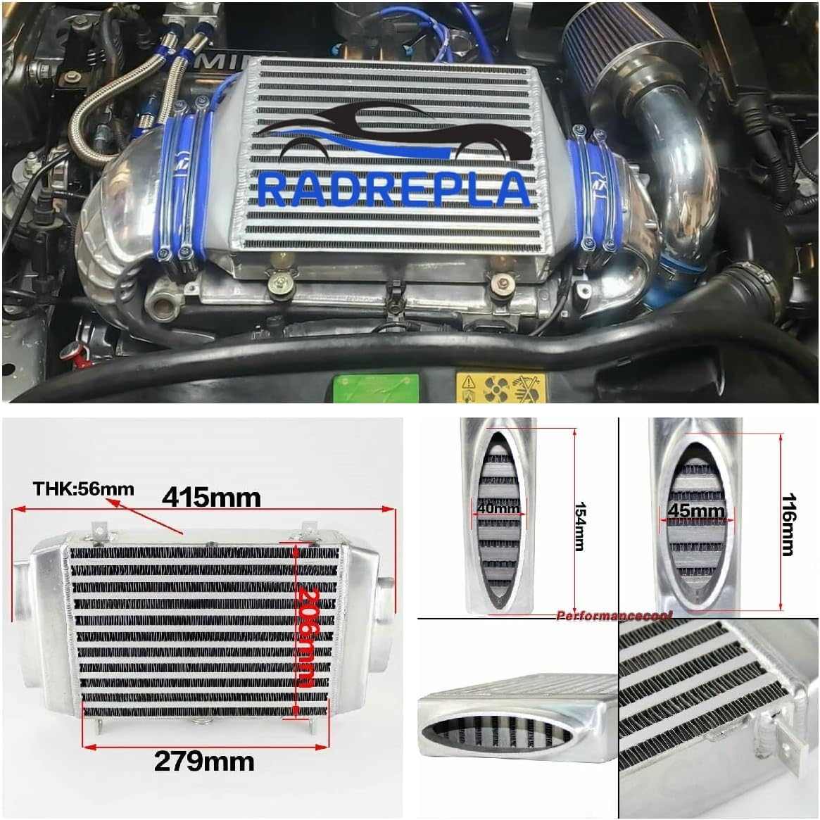Top Mount Turbo Intercooler compatible with 02-06 BMW MINI Cooper S R53 R52 60MM Core Supercharger Aluminum Intercooler 02 03 04 05 06 2002 2003 2004 2005 2006