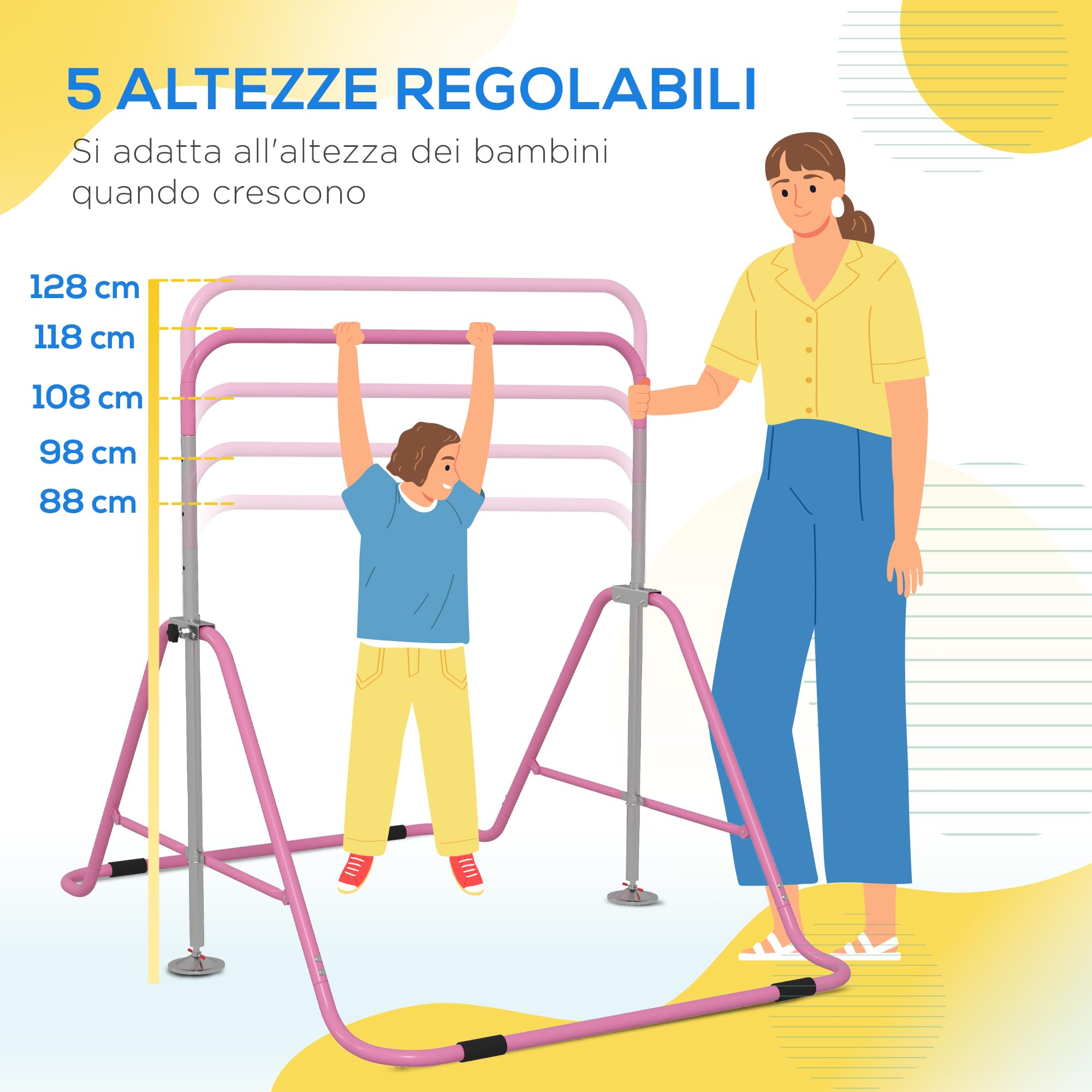HOMCOM Sbarra per Trazioni Pieghevole per Bambini 3-8 Anni, Sbarra Ginnastica con Altezze Regolabili in 5 Posizioni e Struttura in Acciaio, 154x106.2x88.5-128.5cm, Rosa