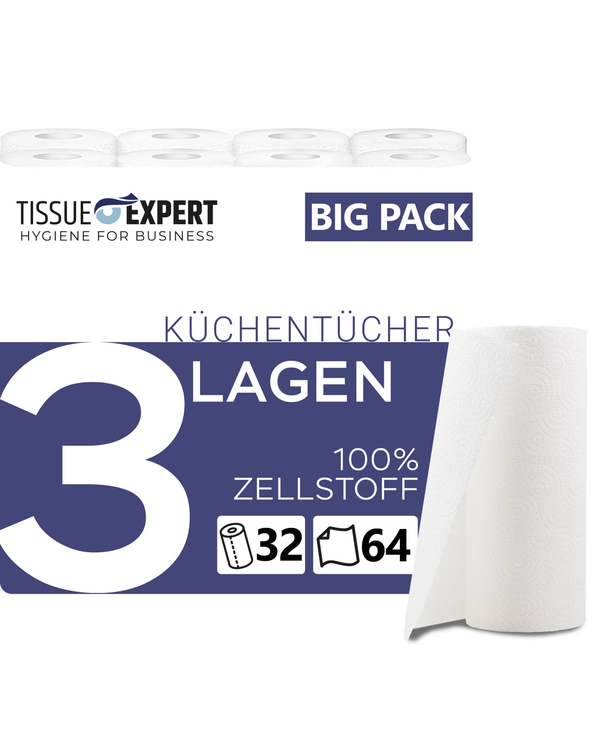 Küchentücher, 32 Rollen á 64 Blatt, 3-lagige Küchenrollen, 100% Zellstoff, saugstarke Haushaltsrollen, Allzwecktücher, Papiertücher, Papierhandtücher, Küchenpapier