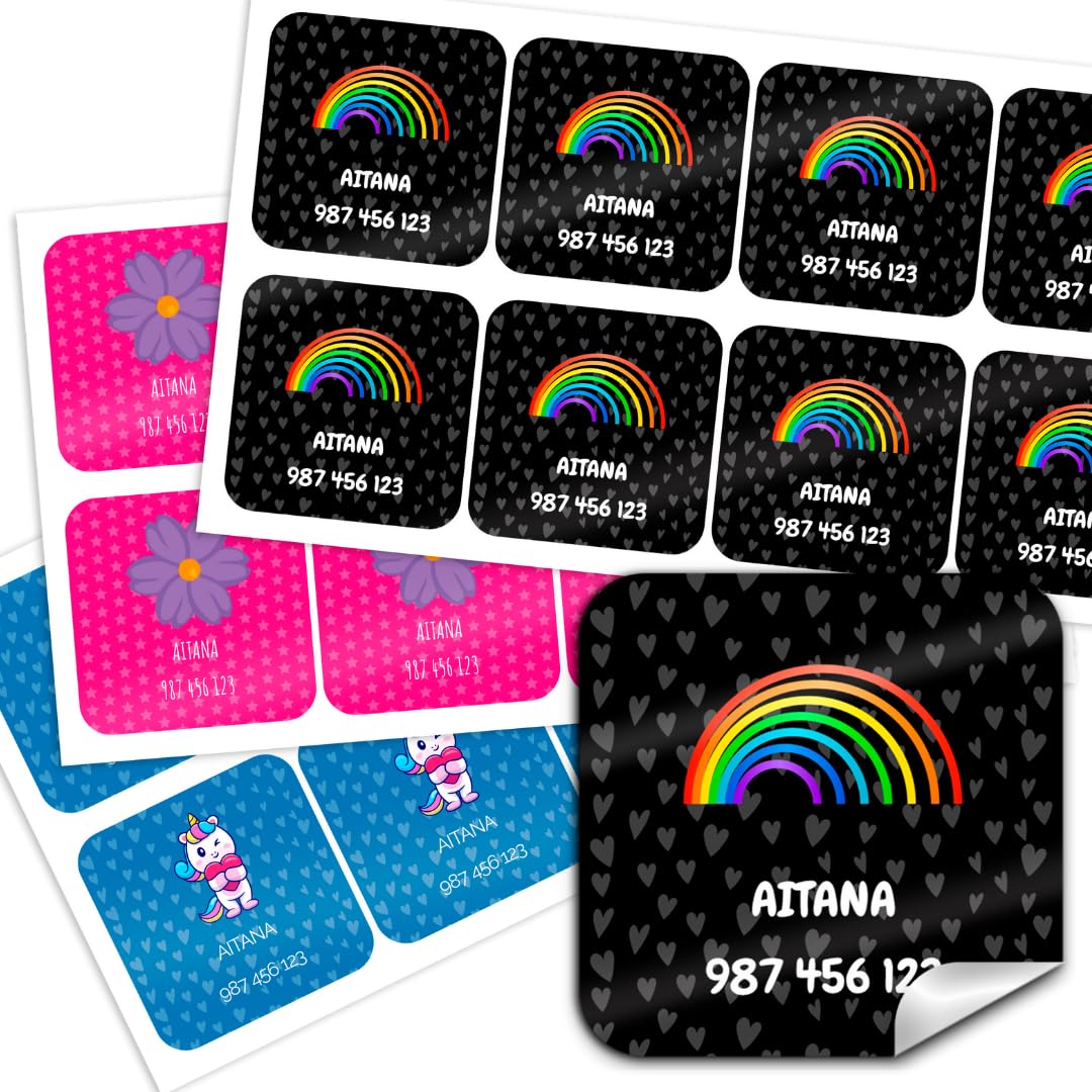 ETIQUETAS ADHESIVAS CON LAMINADO PROTECTOR PERSONALIZADAS PARA MARCAR TODO TIPO DE OBJETOS LIBROS, FIAMBRERAS, TUPPER, BOTELLAS, PEGATINAS PARA EL COLEGIO Y GUARDERÍA TAMAÑO 5 X 5 CM (8)