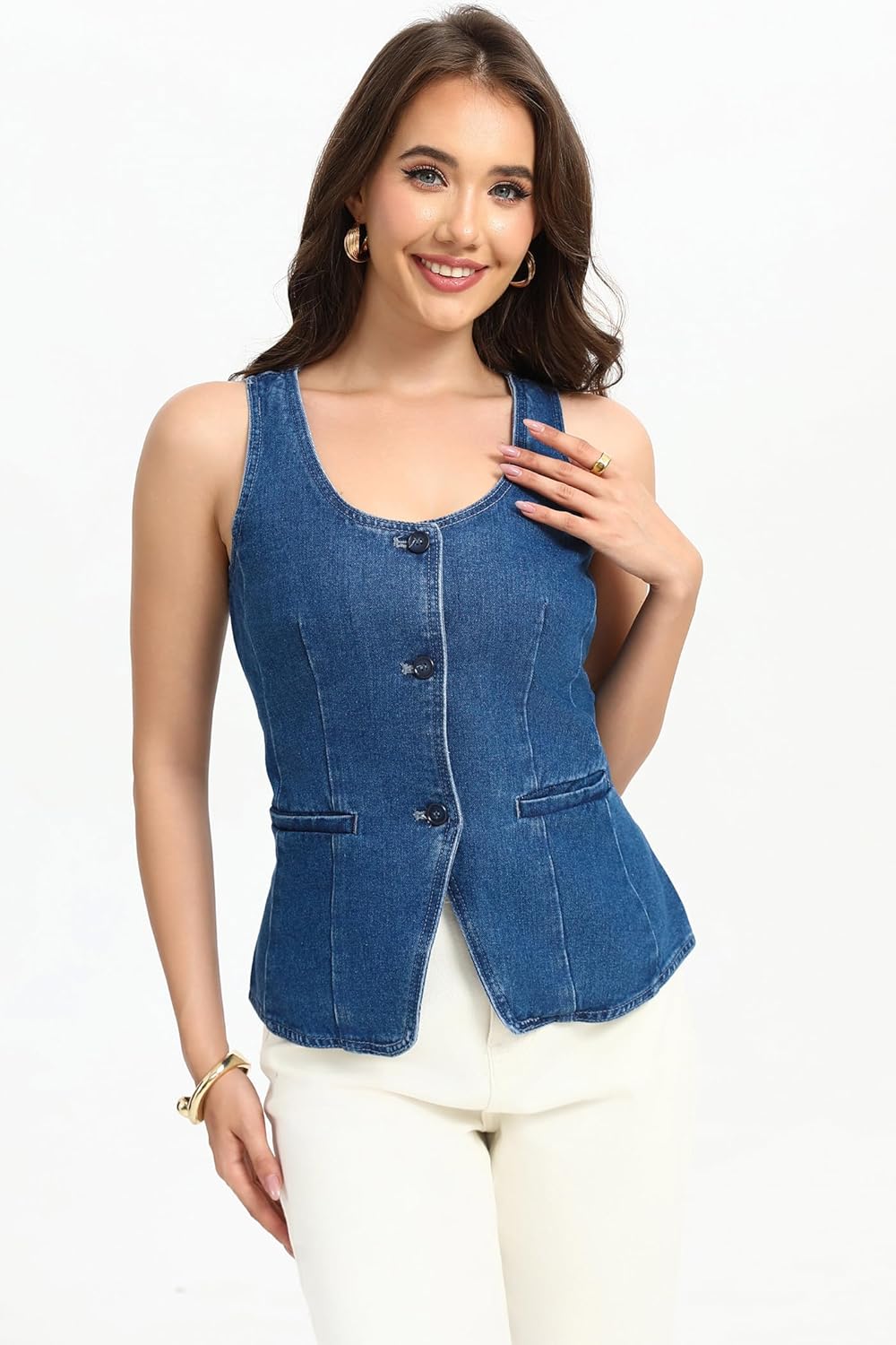 D-Sun Women Sleeveless Denim Vest Button Down Scoop Neck Jean Waistcoat Fashion Front Slit Denim Tank Top with Pockets