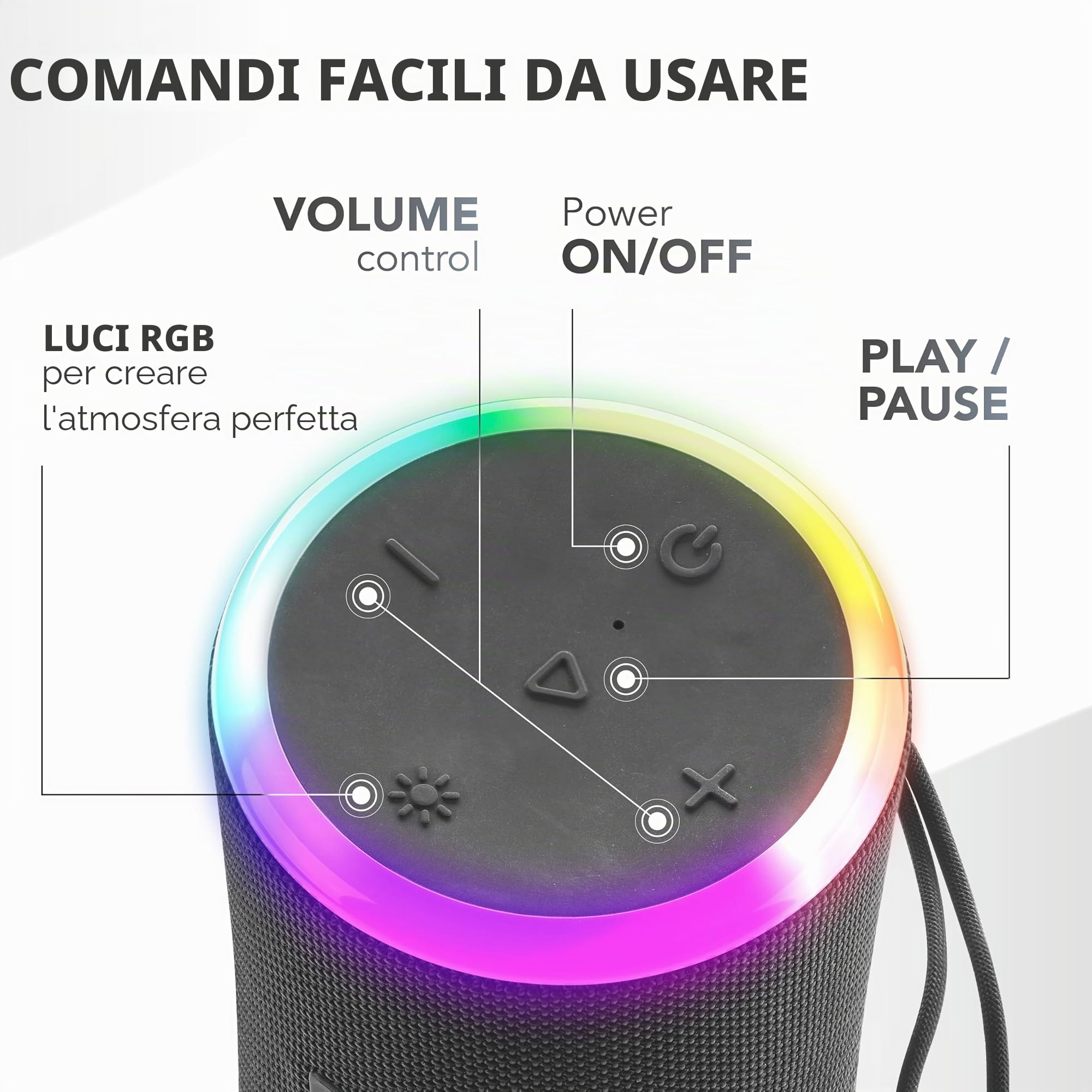 Music Sound AURA 20W - Cassa Bluetooth Portatile - Nero - IPX6 - luci RGB