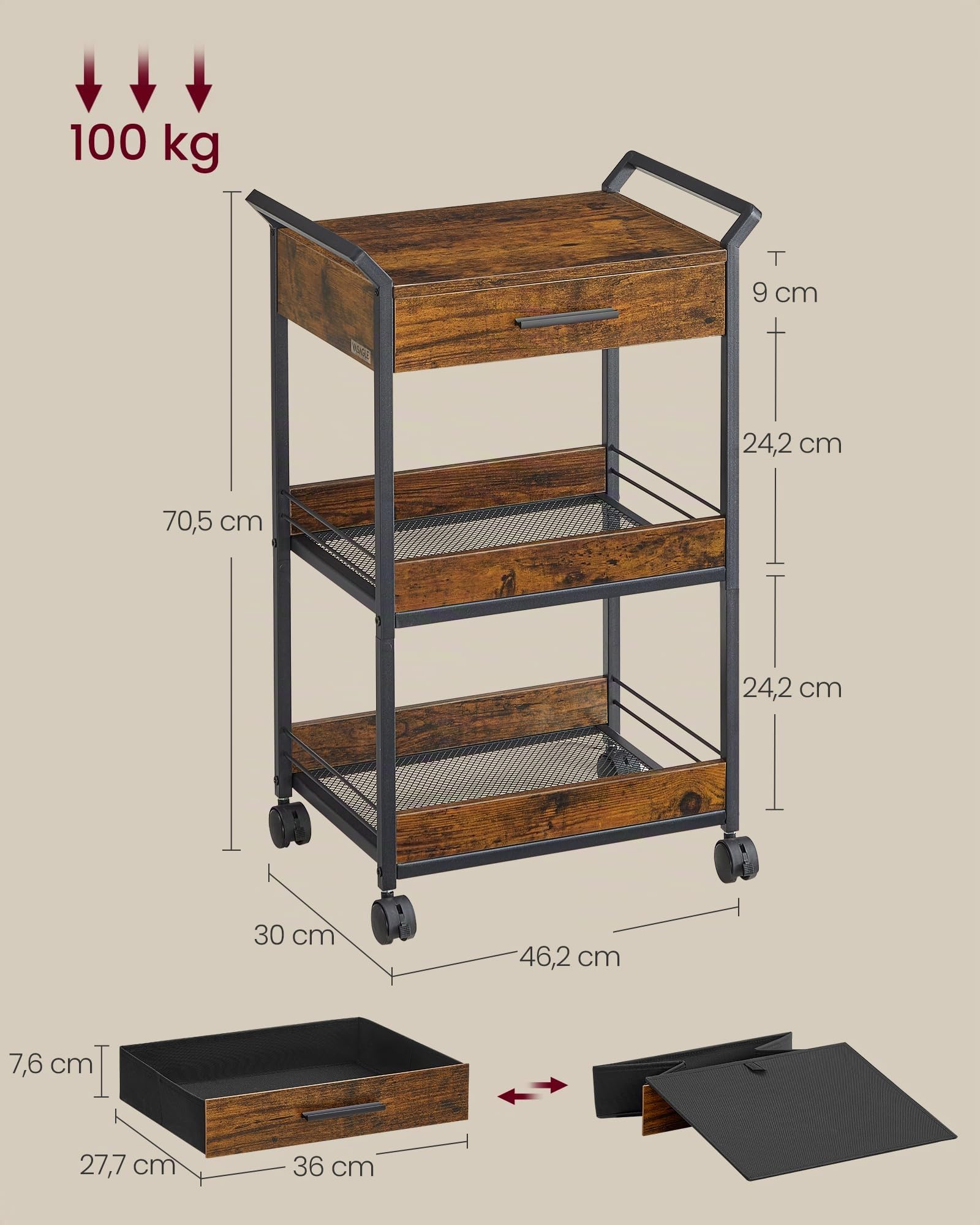 VASAGLE Carro de Almacenamiento, Carro Rodante de 3 Niveles, Aglomerado, con Freno, Cajón Superior, Estantes, para Cocina, Baño, Dormitorio, Marrón Rústico y Negro Tinta LRC048K01