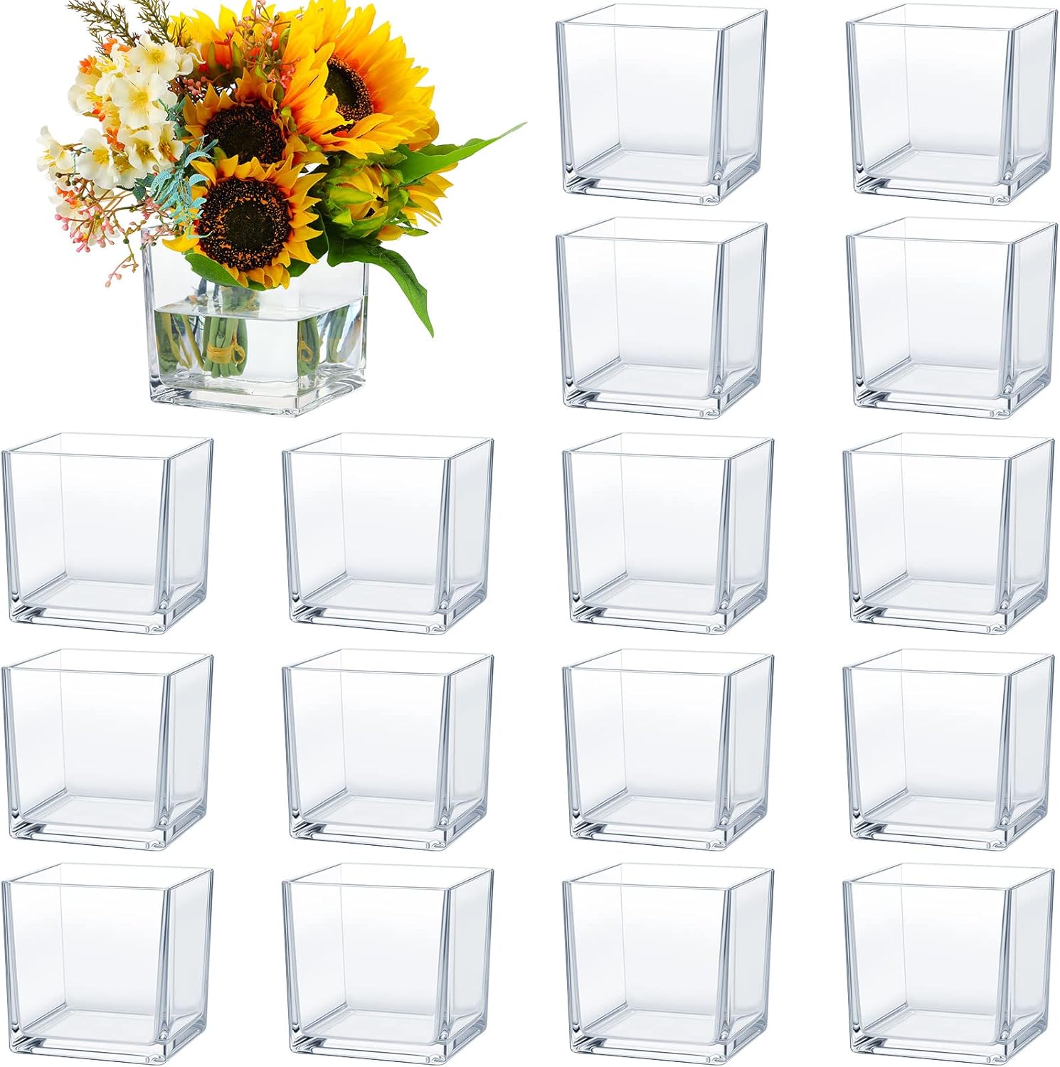 16 Pieces Square Glass Vases Bulk Cube Flower Vase Clear