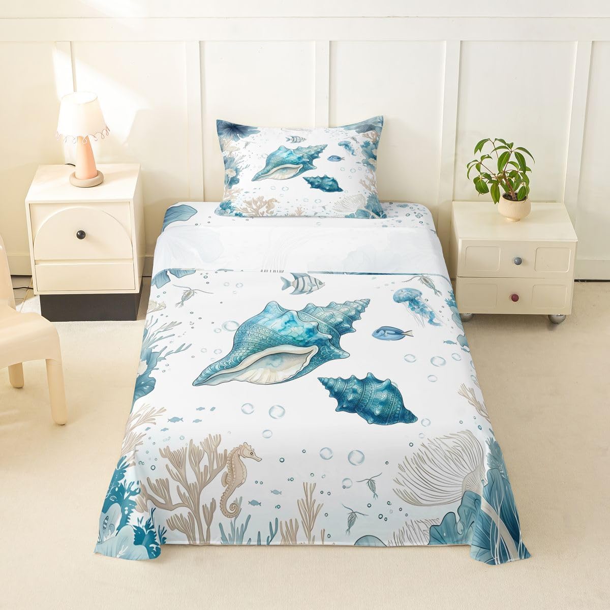 Erosebridal Conch Sheet Set Nautical Ocean Animal Twin Sheets Set for Toddler Boys,Sea Coastal Underwater World Fitted Sheet