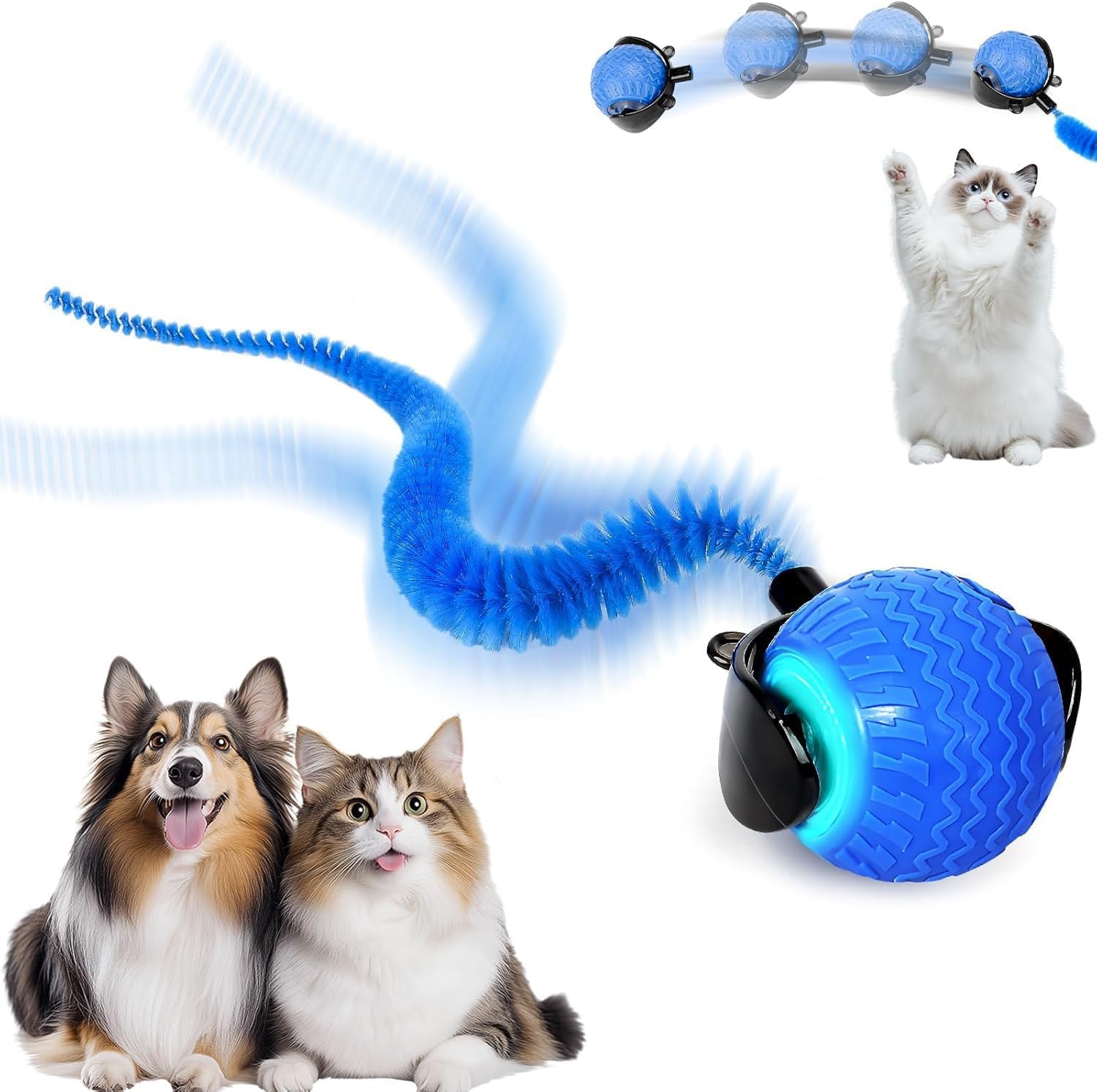 xinrongda Cat Toys Ball, Interactive Cat Toy for Indoor Cats, Electric Automatic Rolling Dog Ball with Tail, Smart Interactive Kitten Toy, 3 Speeds Rechargeable Moving Cat Ball for Bored(Blue)