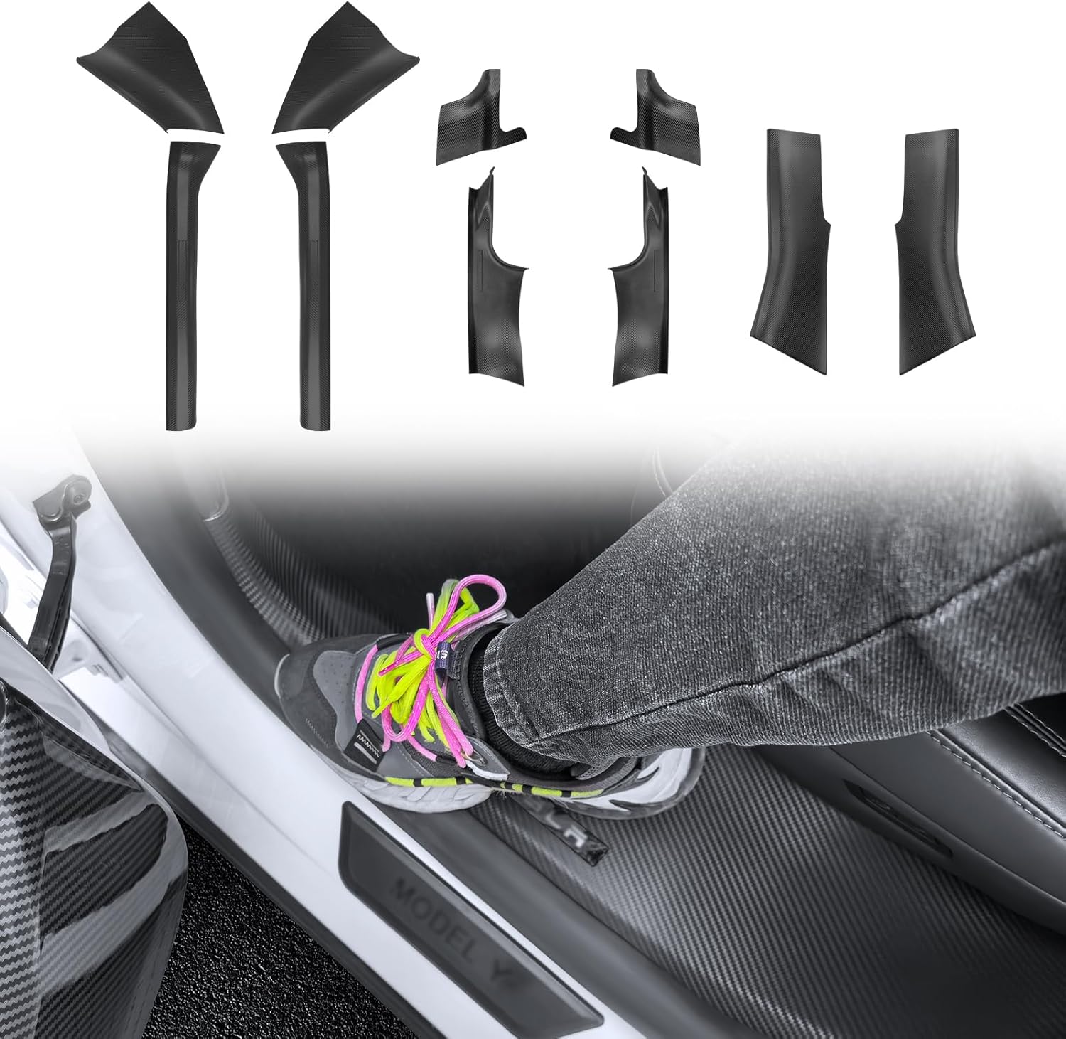 10PCS Door Sill Protector for Tesla Model Y Juniper Accessories 2026 ABS Door Entry Guard Anti-Kick Threshold Strip for Model Y Juniper 2025 (Carbon Fiber Pattern)