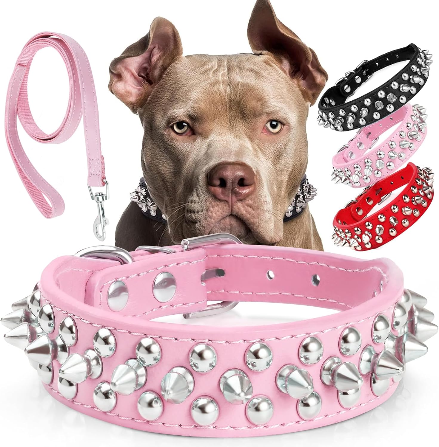Anti-bite Spiked Studded Dog Collar and Leash Set 4ft: Adjustable PU Leather Dog Collars for Medium & Large Dogs, Heavy Duty, Metal Buckle, Neck Protection, Punk Style, Pink, XXL(19.4-22.2")