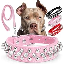 Anti-bite Spiked Studded Dog Collar and Leash Set 4ft Adjustable PU Leather Dog Collars for Medium & Large Dogs, Heavy Duty, Metal Buckle, Neck Protection, Punk Style, Pink, XL17.7"-20.5"