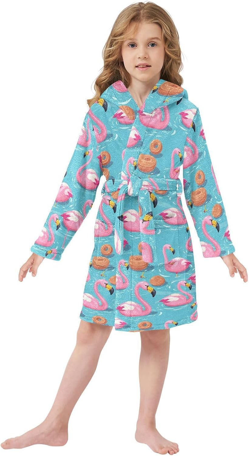 senya Swimming Flamingo Toddler Hooded Bathrobe Kids Soft Plush Bath Towel Robes for Boys Girls 2-12 Years