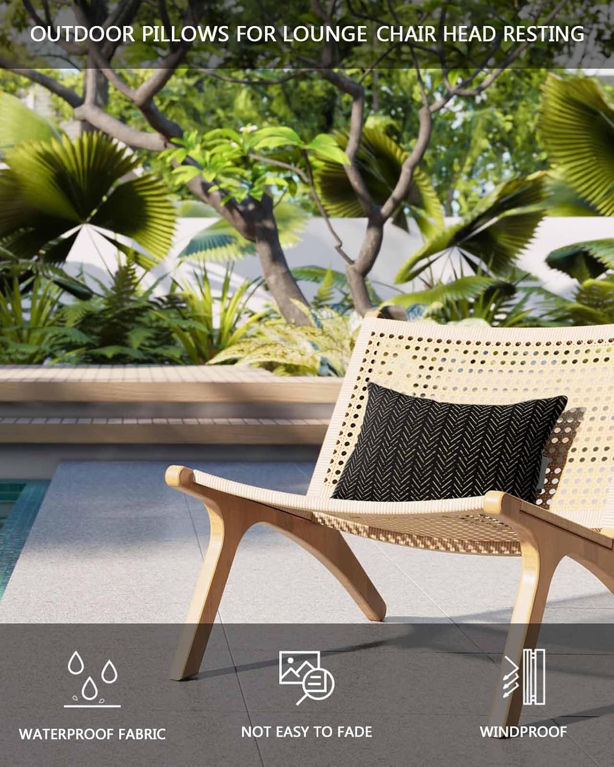Outdoor Lumbar Pillows with Strap & Insert Black Stripes Recliner Head Pillow Pack of 2 Modern Art Lines Waterproof Headrest Patio Lounge Chair Pillows for Beach Pool Office Chaise Chair 11x16 Inch