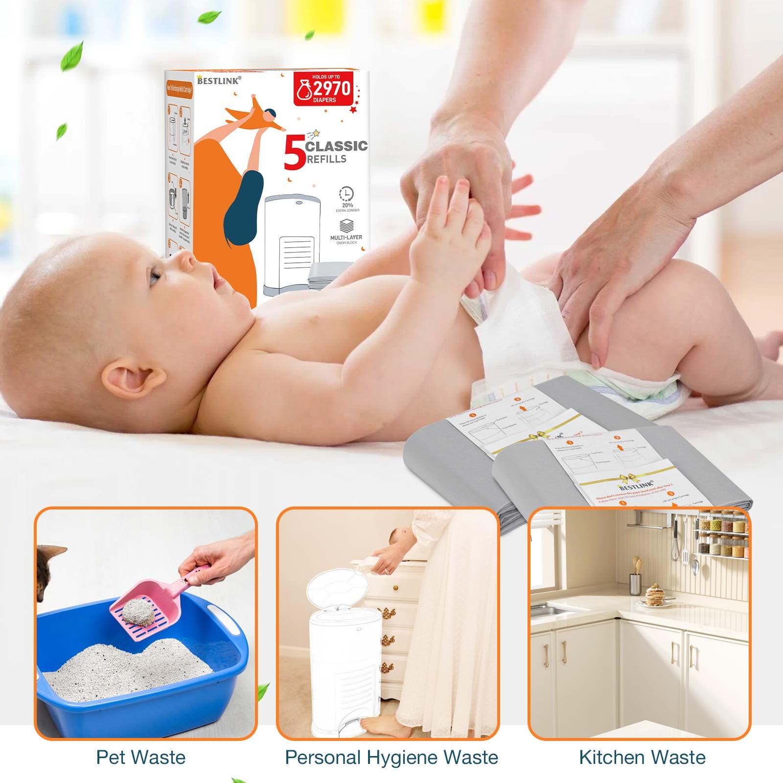 Paquete de 5 recambios compatibles con cubos de pañales DEKOR CLASSIC | 20 % de longitud extra para bolsas de repuesto para 2970 pañales | Máximo control de olores con aroma a bebé