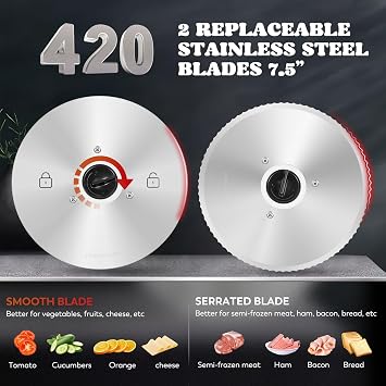 Moongiantgo Meat Slicer Electric with Removable 7.5 Blades Stainless Steel, 0-18mm Adjustable Thickness, Deli Food Slicer with Child Lock Protection for Meat, Fruit, Bread, Cheese, 110V