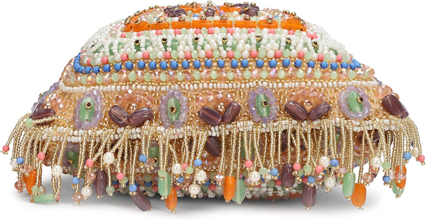 LONGING TO BUY Beaded Potli Bag for Women, Multicolor, Drawstring Wristlet with Pearl Fringe, Potli Bag for Wedding 9x9 Inch