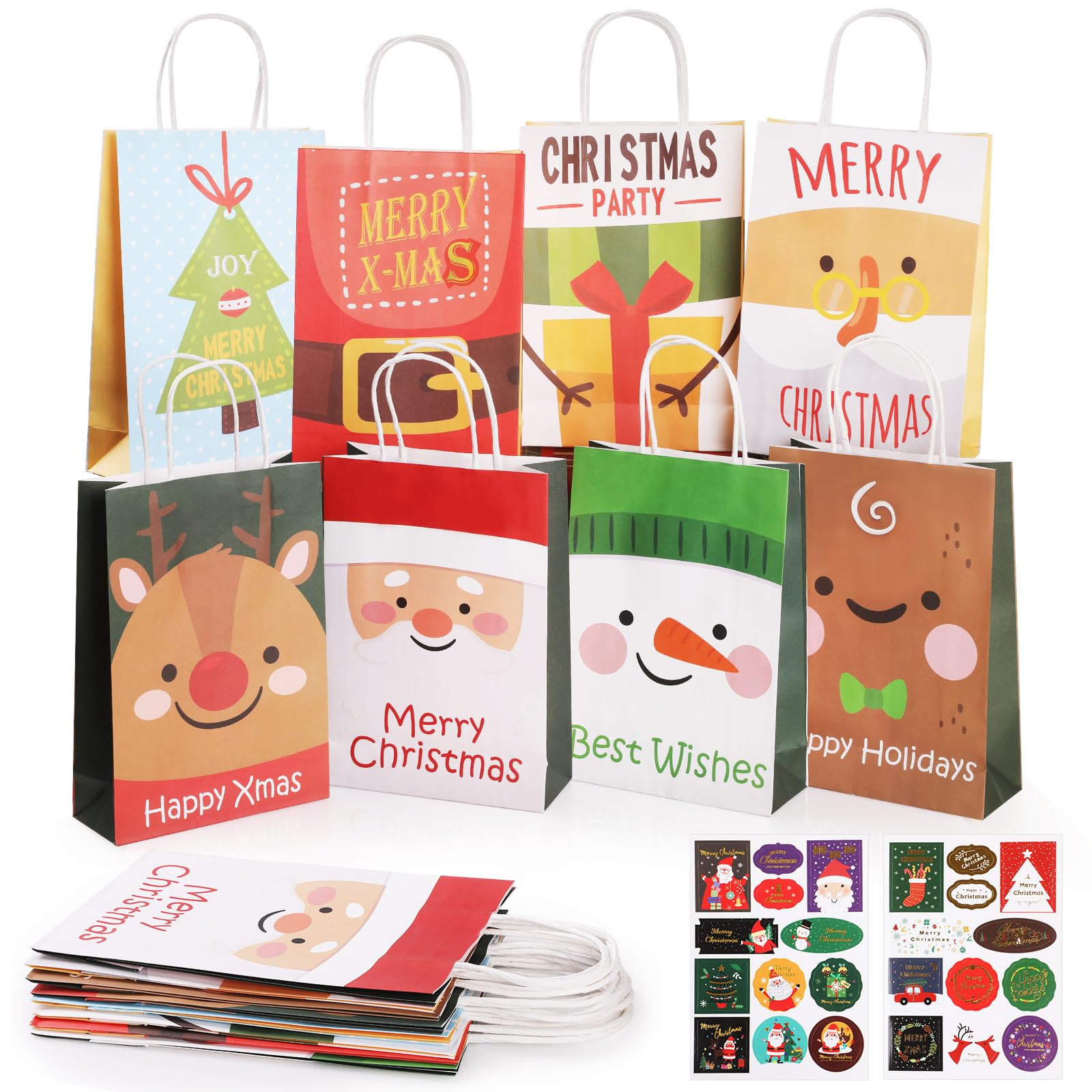 Bigqin 24 Pack Christmas Paper Bags, Gift Bags with Handles, Gift Bags, Party Favor Bags, Advent Calendar Gift Wrapping for Christmas Parties - 25 x 17 x 7 cm