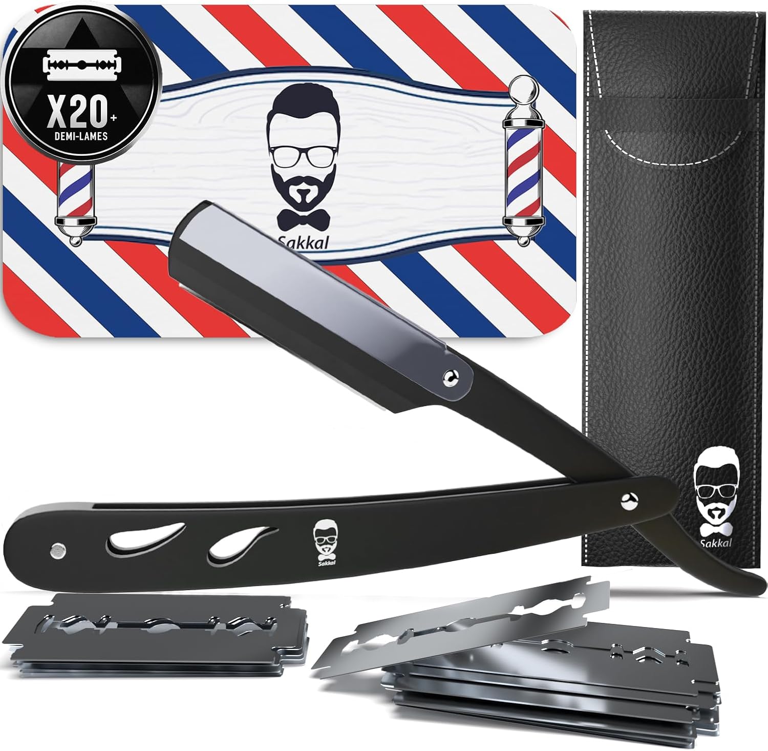 Rasoir à Barbe Coupe choux |20 Demi-Lames Etui Cuir de Transport |KIT manuel professionnel barber...