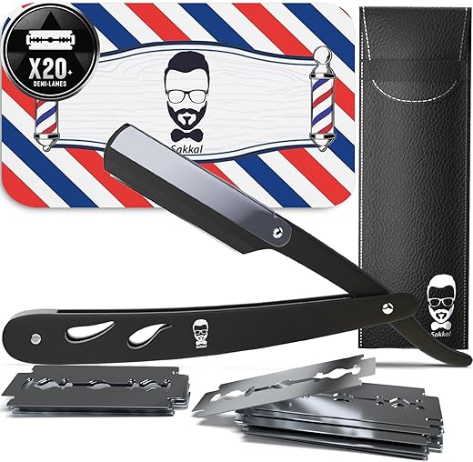 Rasoir à Barbe Coupe choux |20 Demi-Lames Etui Cuir de Transport |KIT rasoir de barbier manuel professionnel barber Visage classique...