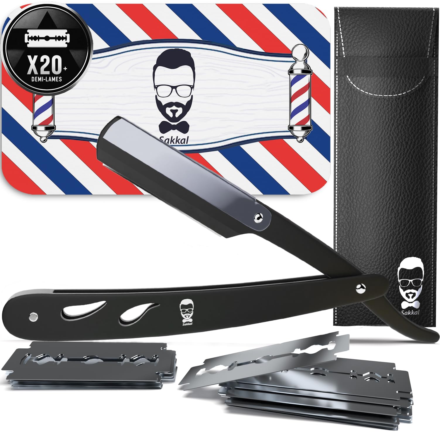 Navaja de Afeitar Hombre - Cuchilla de Afeitar de Barbero - Faca de Barbear Profesional - 20 Medias Cuchillas Dobles con Estuche de Cuero | Kit de Afeitado Clásico para Barba y Bigote
