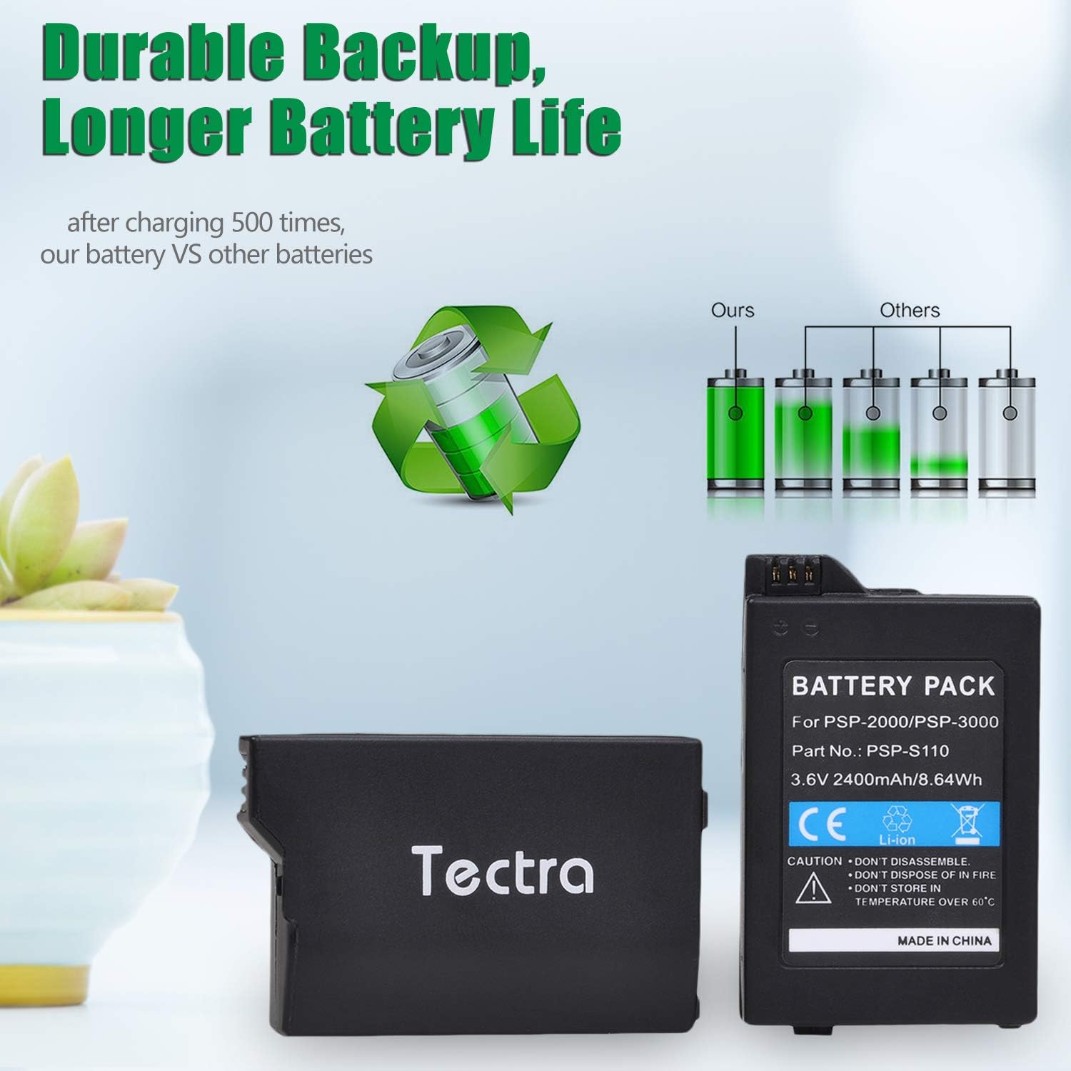 Tectra 2400mAH Battery + LED USB Charger for Sony PSP 3000 / PSP Slim 2000 PSP-S110 Console, PSP-2001, PSP-3000, PSP-3001, PSP-3002, PSP-3004 : Video Games