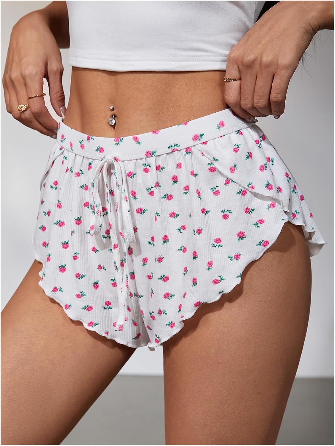 MAKEMECHIC Women's Pajama Bottoms Floral Print Plaid Tie Front PJ Shorts Slit Hem Cherry Summer Lounge Shorts - Image 4