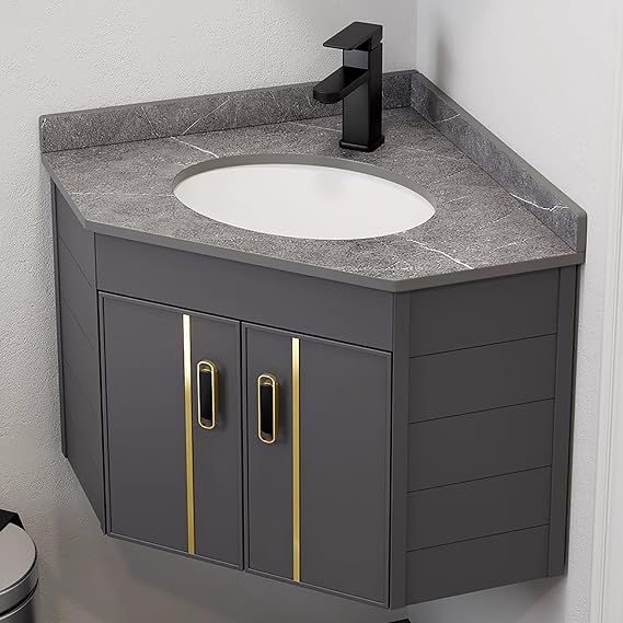 Wall Mount Vessel Sink,Bathroom Corner Basin Sinks, Ceramic Sink,Combo for Small Space Wall Mounted Cabinet Set Design White Resin Basin Sink Top Chrome Faucet and Drain (Size : 38x38x39cm)